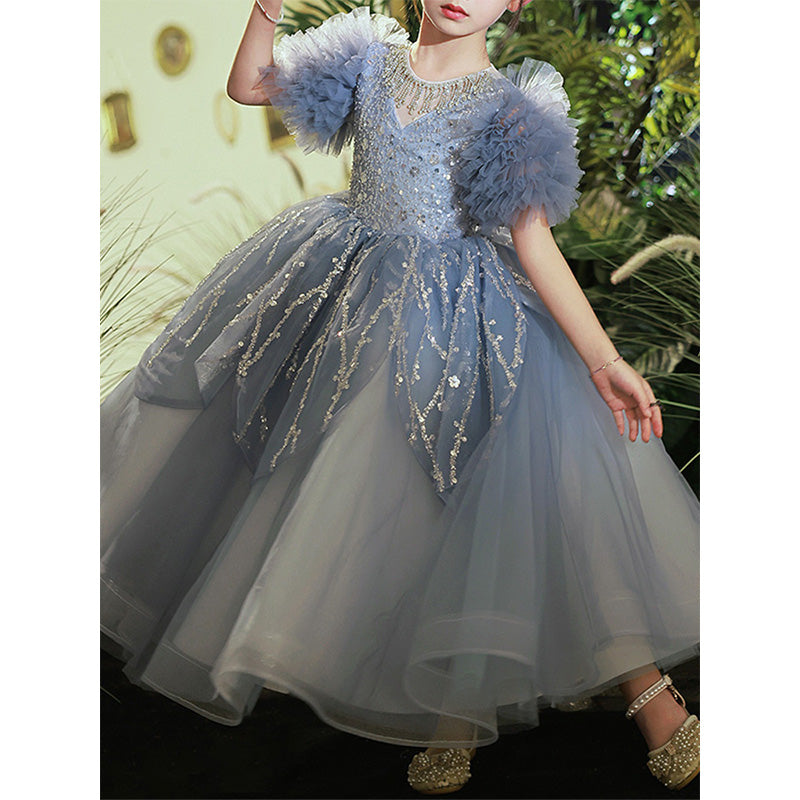 Sparkling Dusty Blue A-Line Flower Girl Dress with Sequins & Ruffles - Perfect for Weddings, Pageants, and Special Occasions