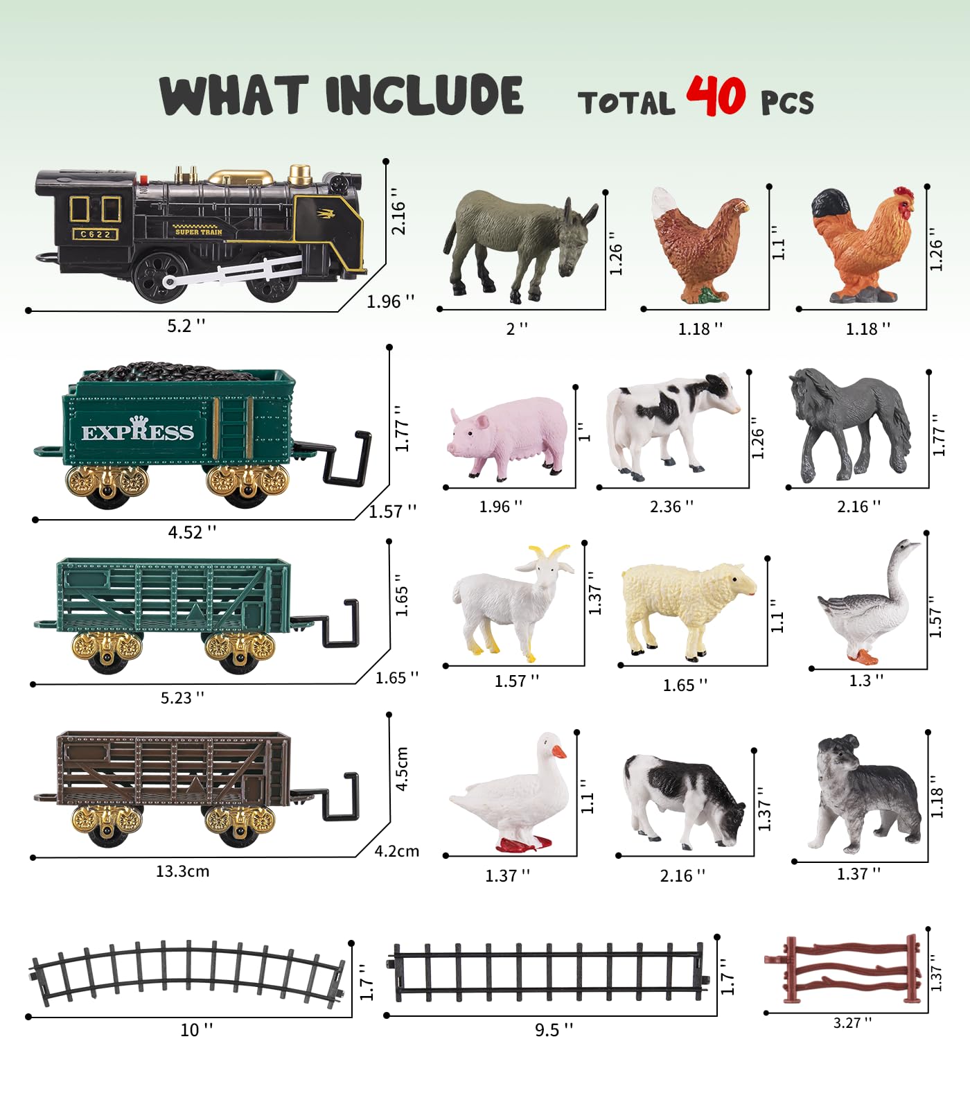 Electric Farm Toy Train Set with Light & Sound - 12 Animal Figures Included - Miniature Steam Engine for Kids Ages 3+ - Perfect for Birthday Cakes, Stocking Stuffers & Toddler Playtime