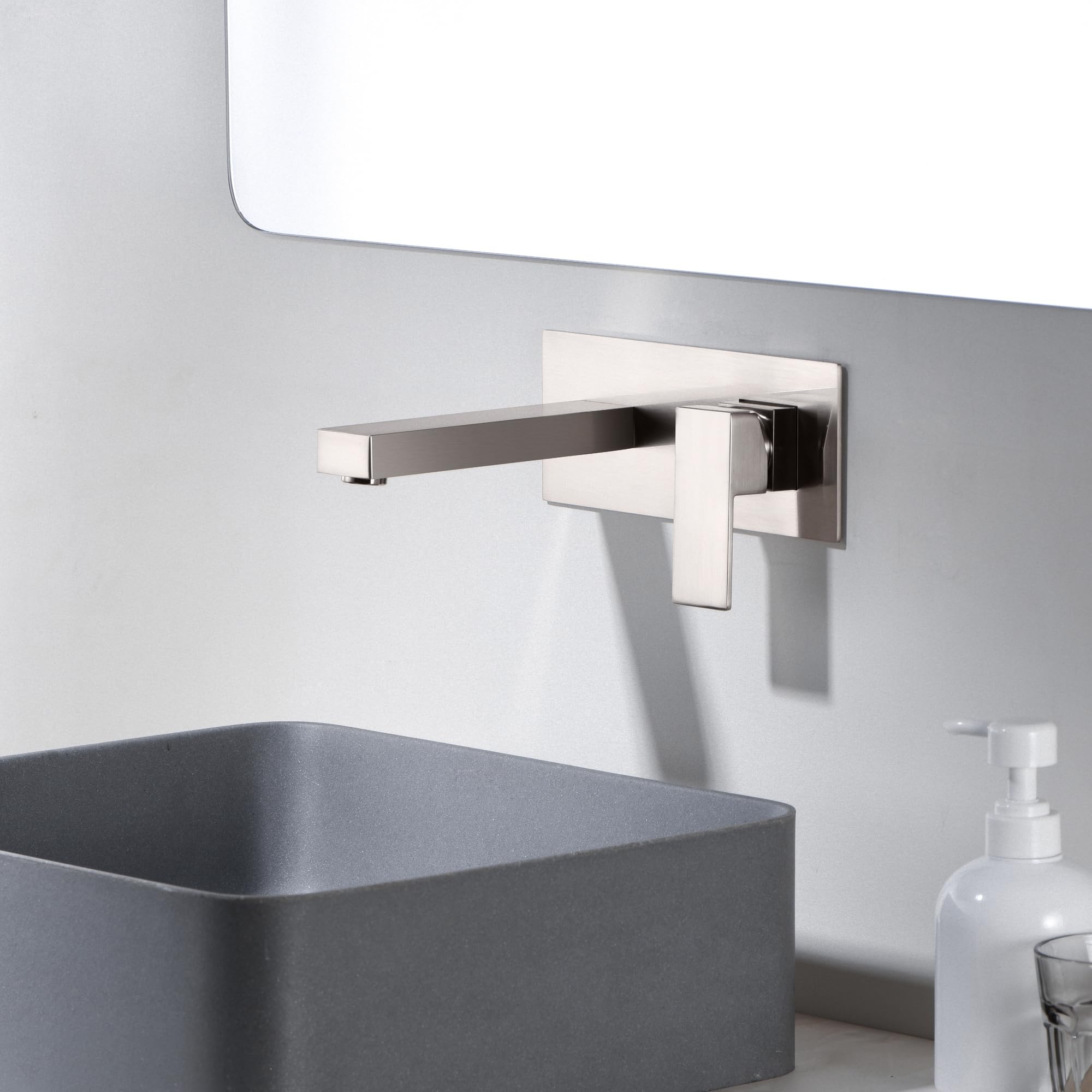 Sumerain Brushed Nickel Wall Mount Bathroom Sink Faucet - Single Handle Basin Faucet with Rough-in Valve - Perfect for Modern Bathrooms, Powder Rooms & Small Spaces