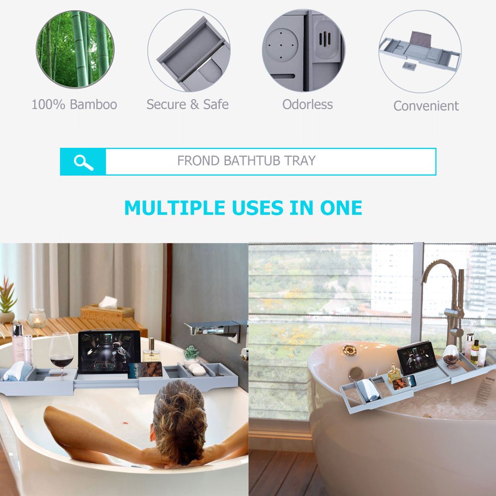 Premium Bamboo Bathtub Caddy Tray - Extendable Wooden Bath Shelf with Holder for Books, iPad, Kindle, Smartphone & Wine Glass - Gray - Perfect Relaxation Accessory for Spa Nights & Self-Care Moments