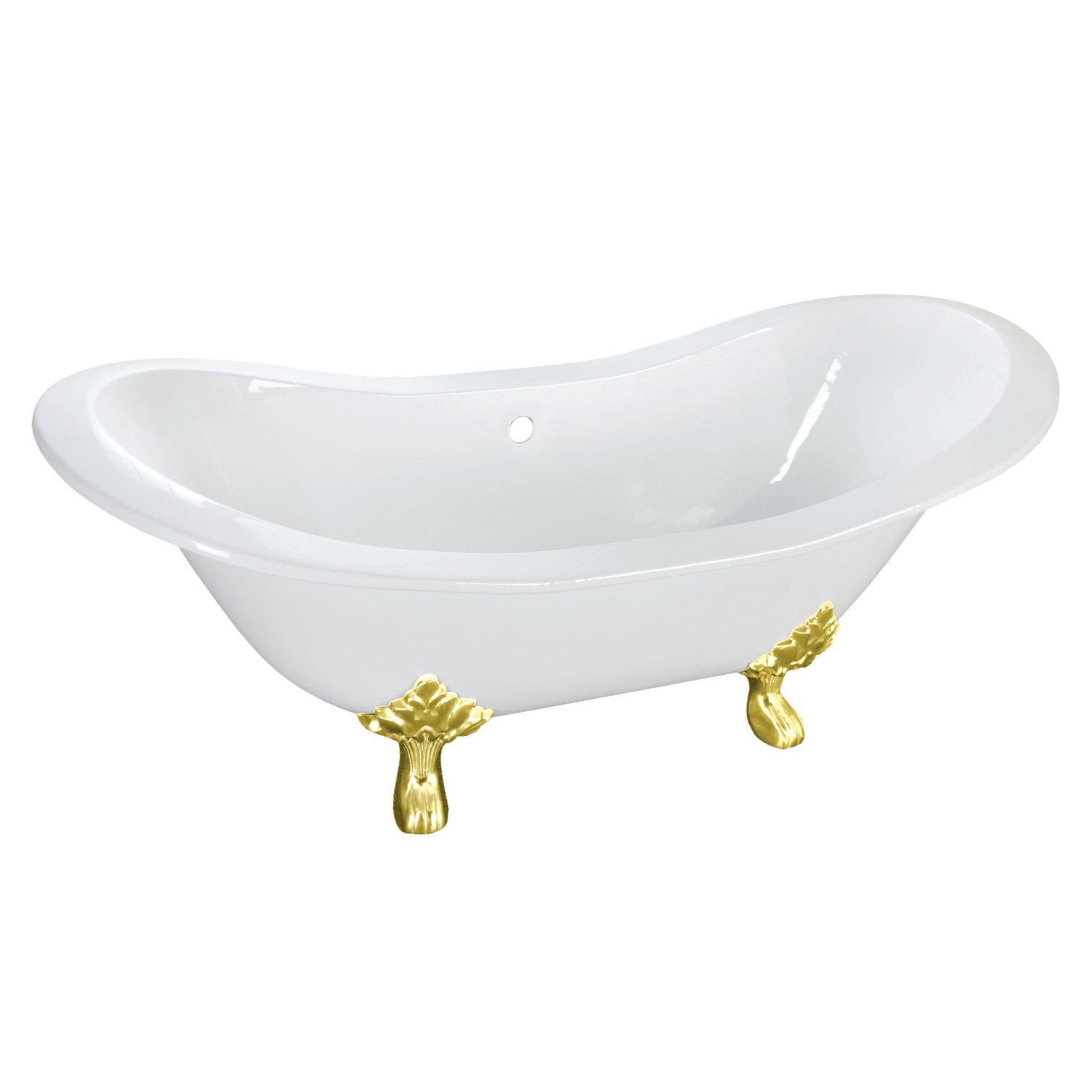 Aqua Eden 61 Inch White Cast Iron Clawfoot Bathtub - Vintage Oval Double Slipper Tub with Polished Brass Feet (No Faucet Drillings) | Perfect for Bathroom Remodeling & Luxury Spa Experience