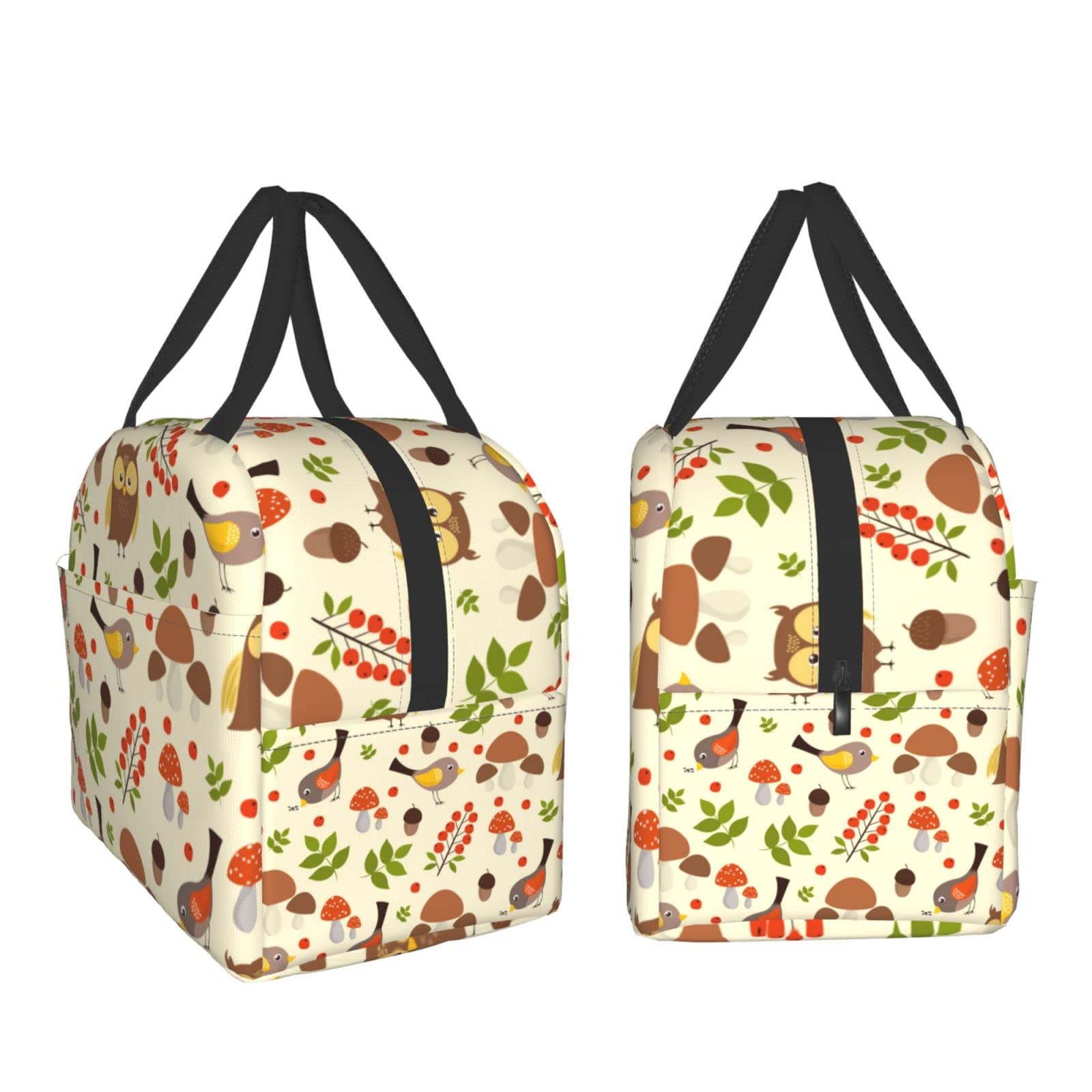 Owl and Mushroom Insulated Lunch Box - Reusable Thermal Lunch Bag for Women & Men - Perfect for Office, School, Camping, Hiking, Picnic, Beach & Travel - Keep Food Fresh Anywhere