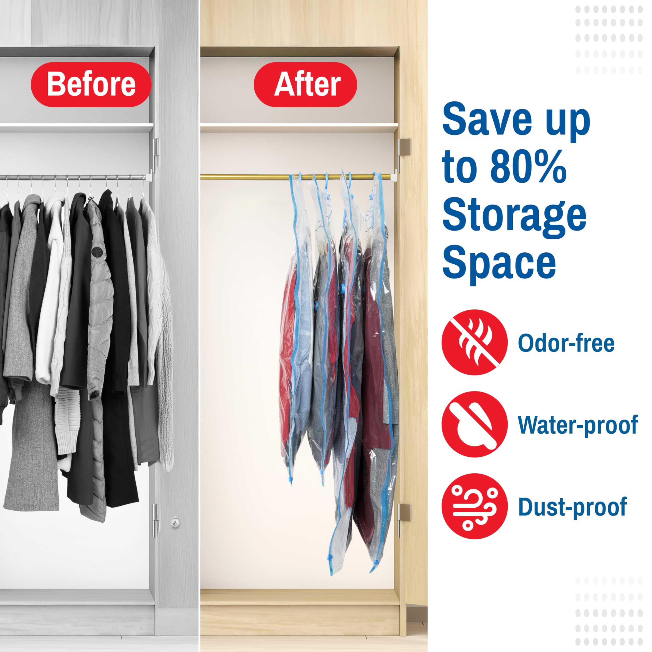Vacuum Storage Bags for Clothes - 4 Pack Space Saver Hanging Garment Bags for Coats, Jackets, Dresses & Suits | Closet Organizer, Sealed Storage Bags | Perfect for Travel, Seasonal Storage & Small Space Organization