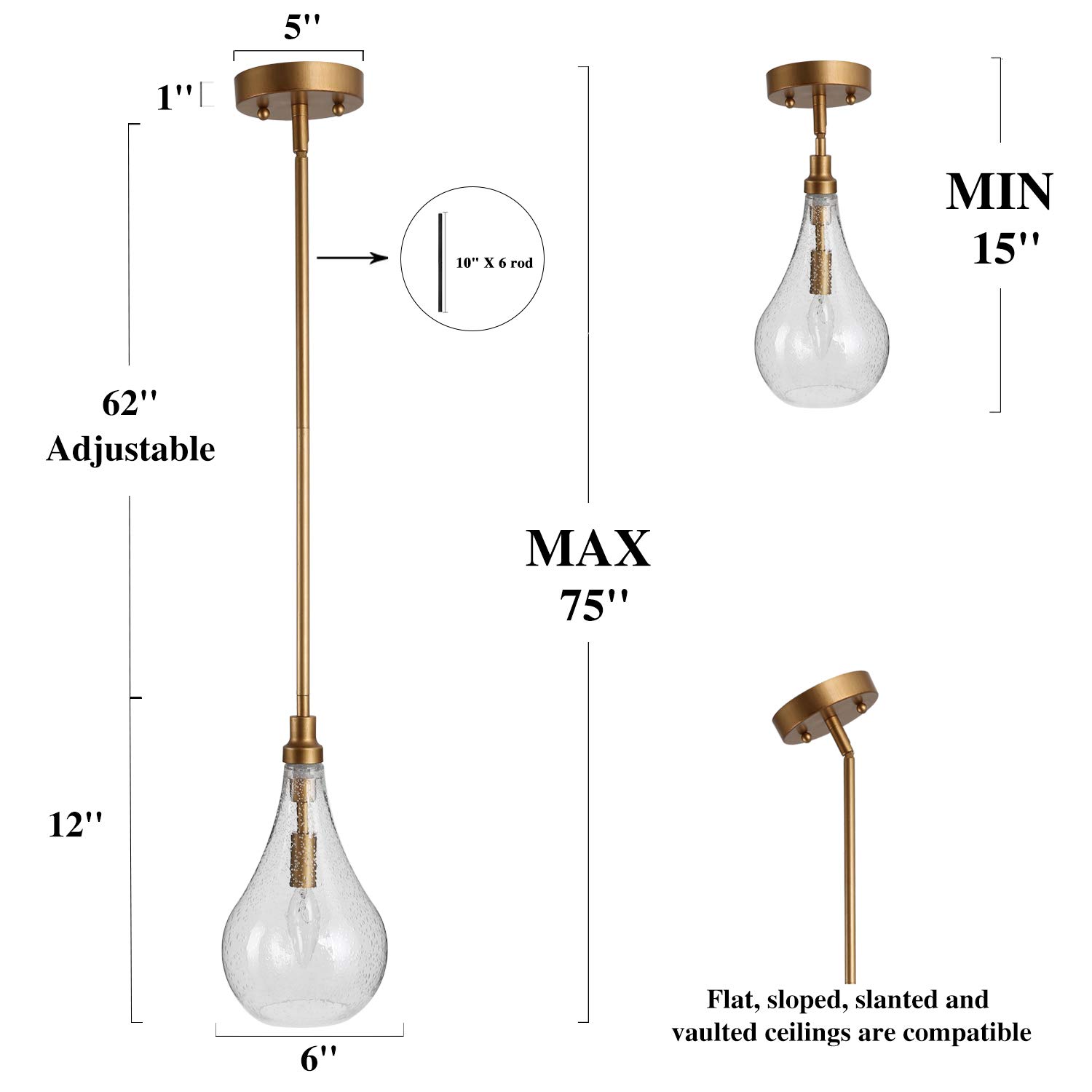 KSANA Gold Glass Pendant Light Fixture - Modern Hanging Chandelier for Kitchen Island, Bedroom, Dining Room, Entryway, Sink & Breakfast Nook - Perfect for Ambient Lighting in Home Decor