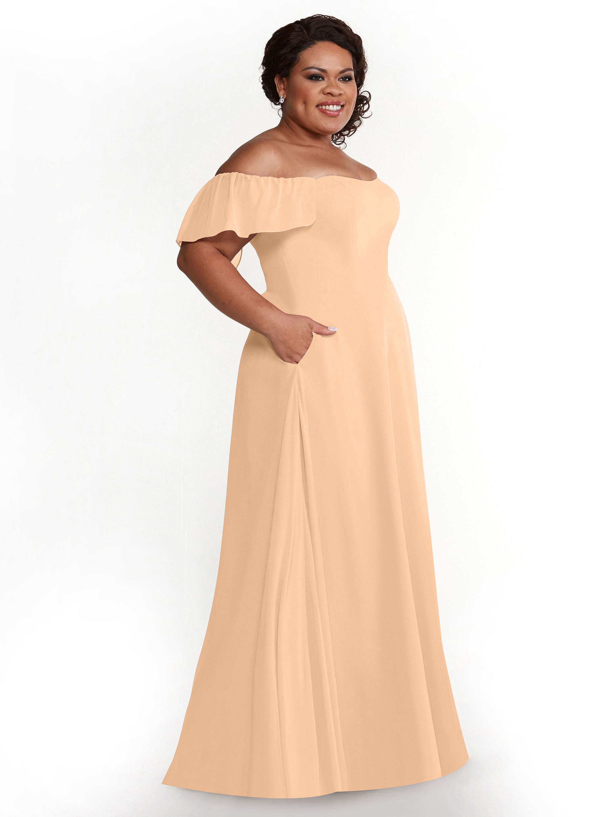 Elegant A-Line Off-The-Shoulder Chiffon Bridesmaid Dress with Pockets - Perfect for Weddings, Formal Events & Special Occasions