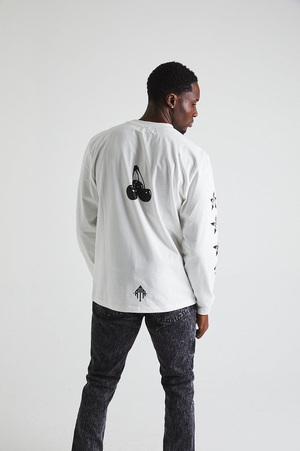 LAWRENCE Long Sleeve T-Shirt for Men - Soft Cotton Crewneck Tee in White & Black Cherry Print | Casual Wear, Street Style, Everyday Outfit