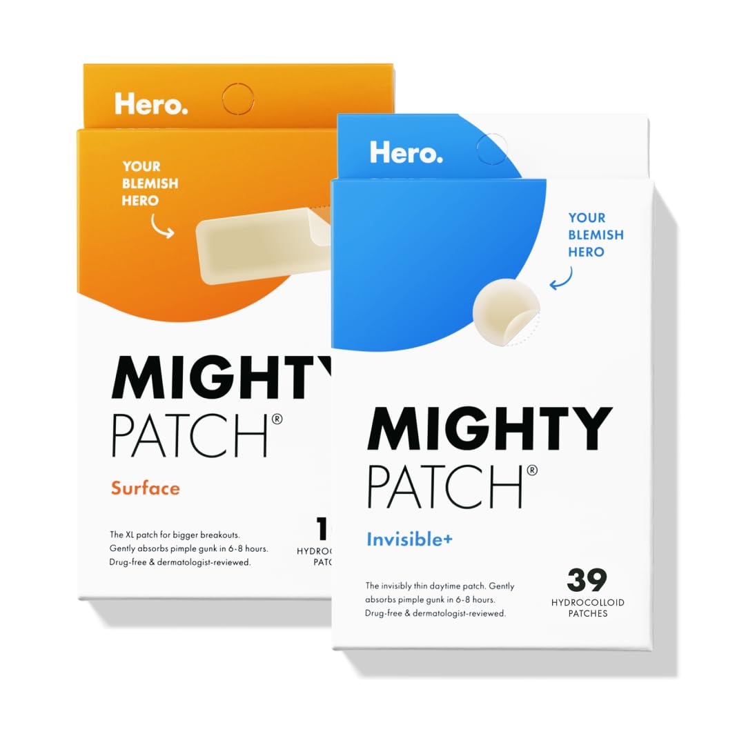 Hero Cosmetics Mighty Patch™ Invisible+ & Surface Patch Bundle - 36 Hydrocolloid Acne Patches for Day & Night Pimple Treatment | Clear Breakouts Fast | Perfect for School, Work & Travel