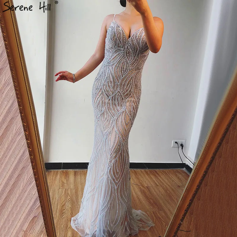 Elegant Nude White Mermaid Evening Gown with Spaghetti Straps - Luxury Women's Formal Dress for Prom, Wedding & Special Occasions - Serene Hill Collection 2025 LA70214