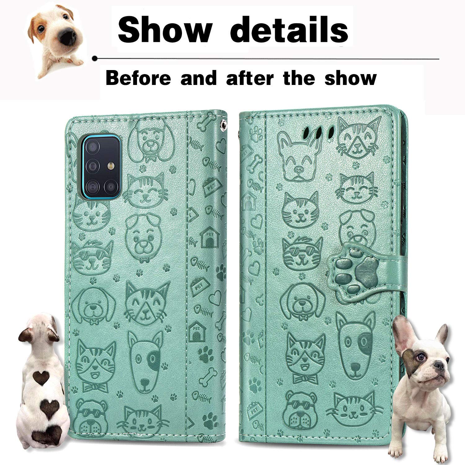 Samsung Galaxy A51 Wallet Case with Card Holder - Cute Cat & Dog Cartoon PU Leather Flip Cover with Kickstand (Not for 5G Model) - Perfect for Women's Daily Use, Commuting & Travel Accessories (MG Green)