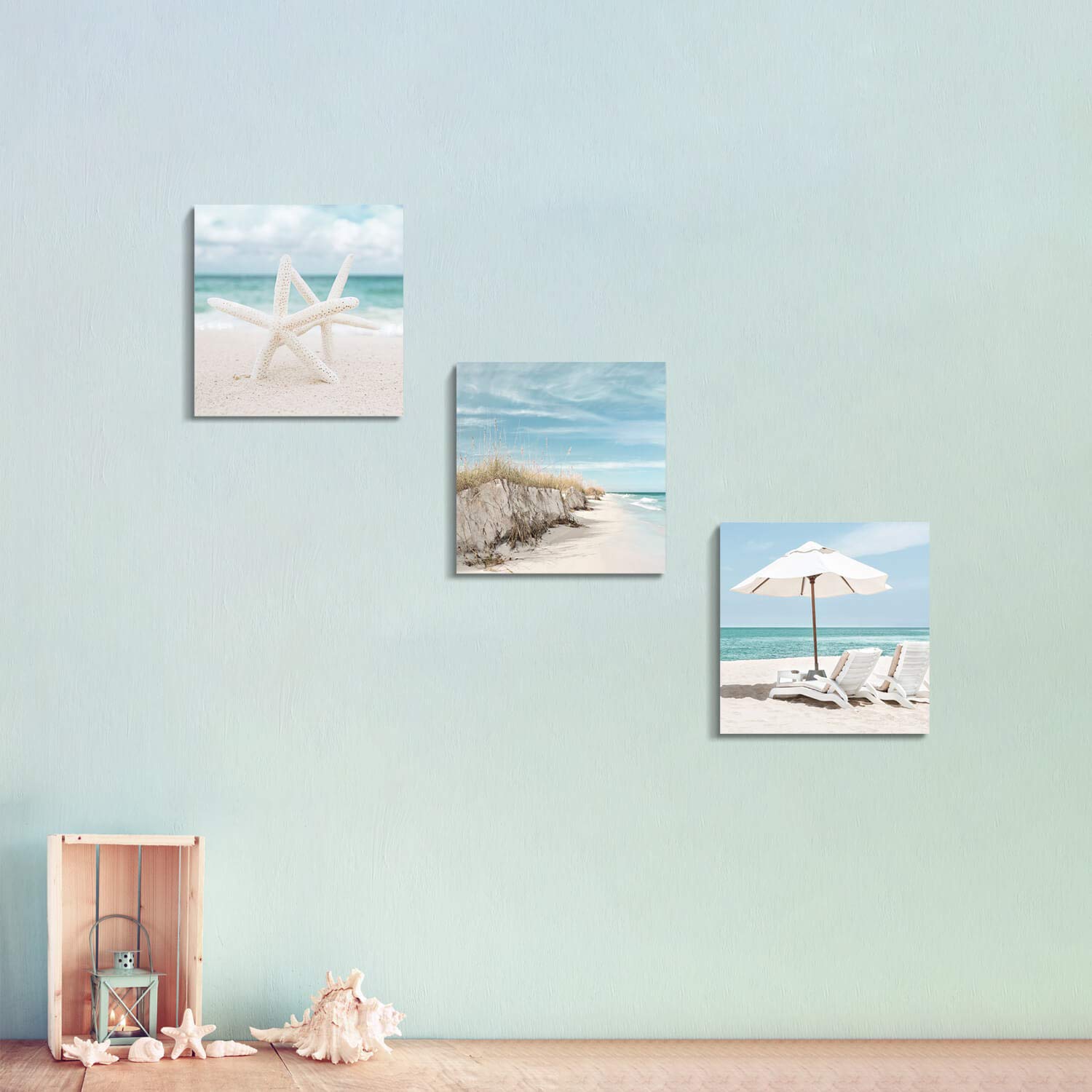 Coastal Canvas Wall Art Print - Set of 3 Starfish & Beach Chair Paintings (12x12 Inch) for Beach House Decor, Living Room & Bedroom Wall Decor | Nautical Themed Home Artwork