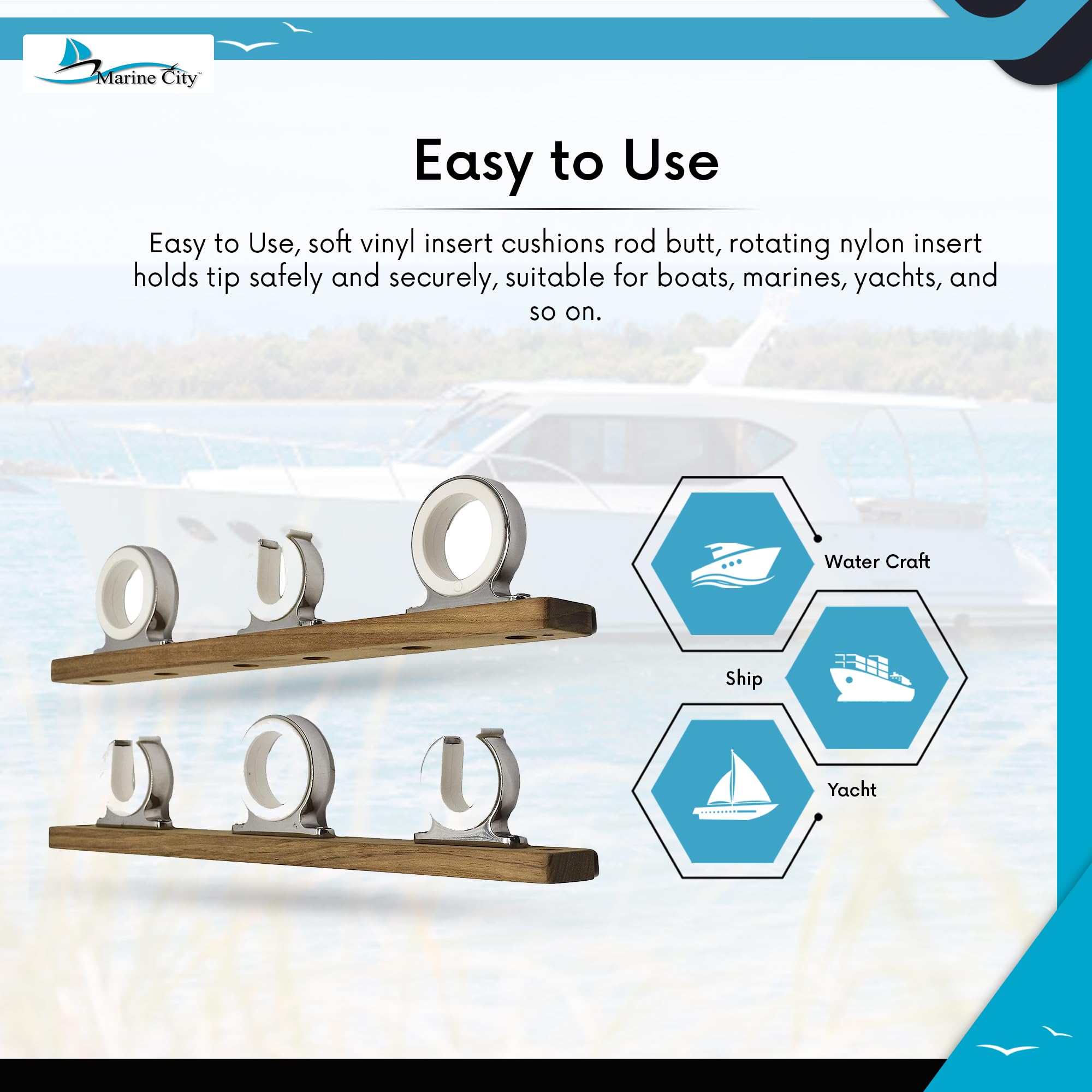 Premium Teak Wood 3-Rod Fishing Reel Holder with 316 Stainless Steel Hooks - Marine Grade Boat Rod Storage Rack for Saltwater & Freshwater Anglers (2.71 Inch Length) - Perfect for Boats, Yachts, Trucks, RV Camping & Garage Organization