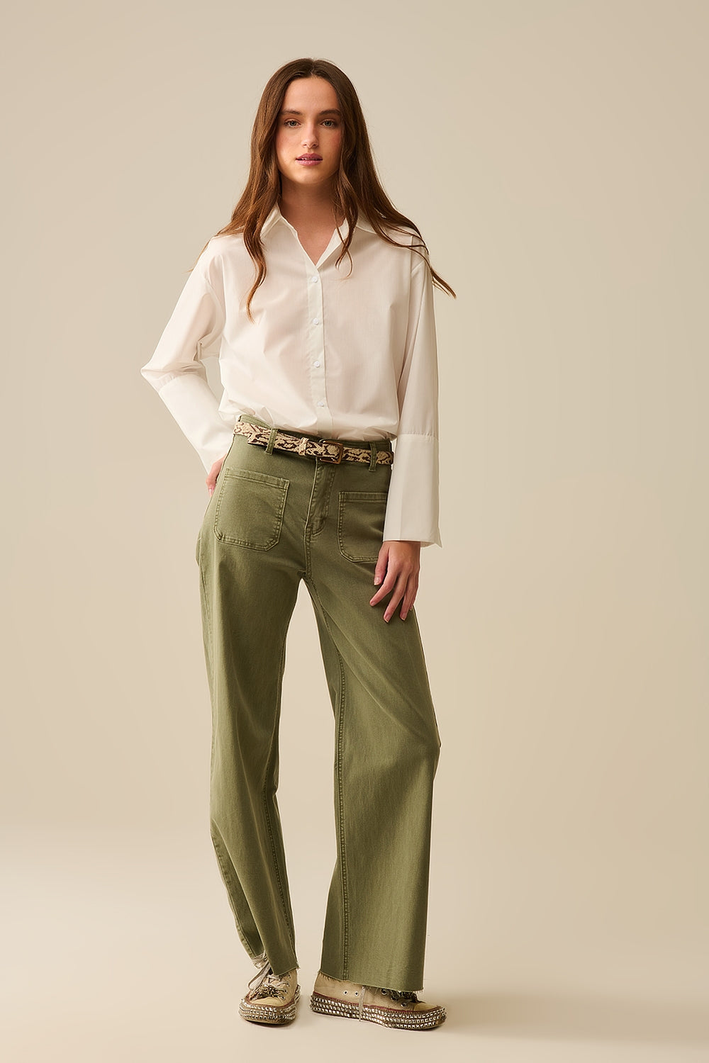 Khaki Wide Leg Pants with Front Pockets - Comfortable Casual Trousers for Women, Perfect for Office Wear, Travel & Everyday Outfits