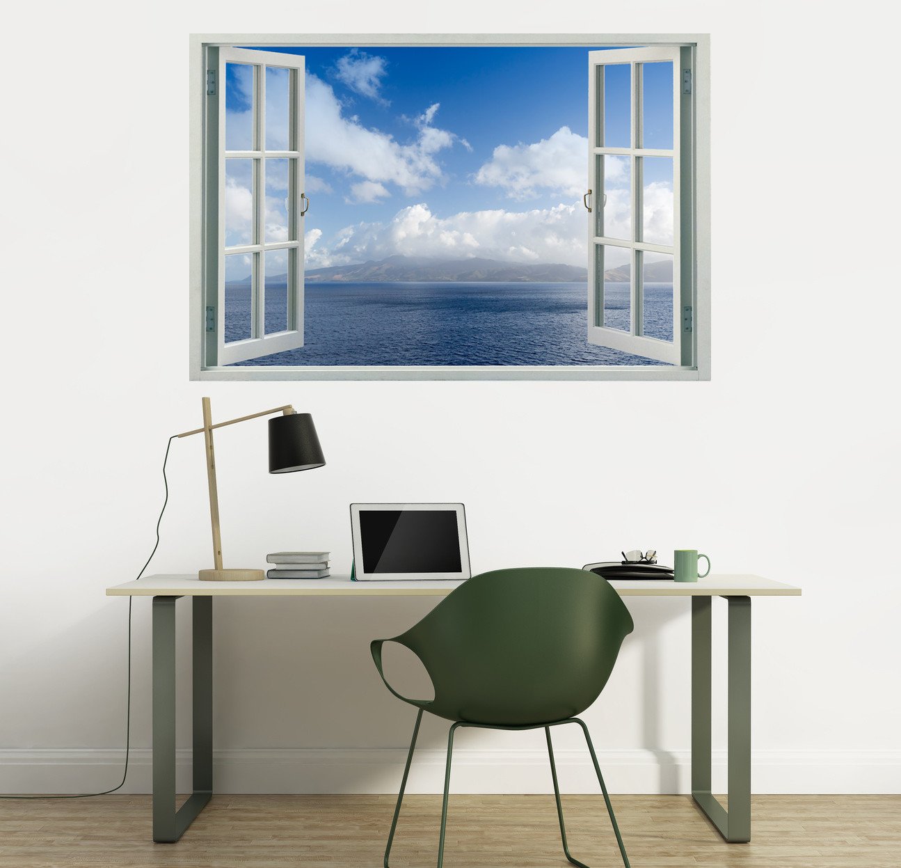 Peel and Stick Faux Window Wall Decal - Island Seascape with Clouds (48x32 inches) - Perfect for Home, Office & Nursery Decor