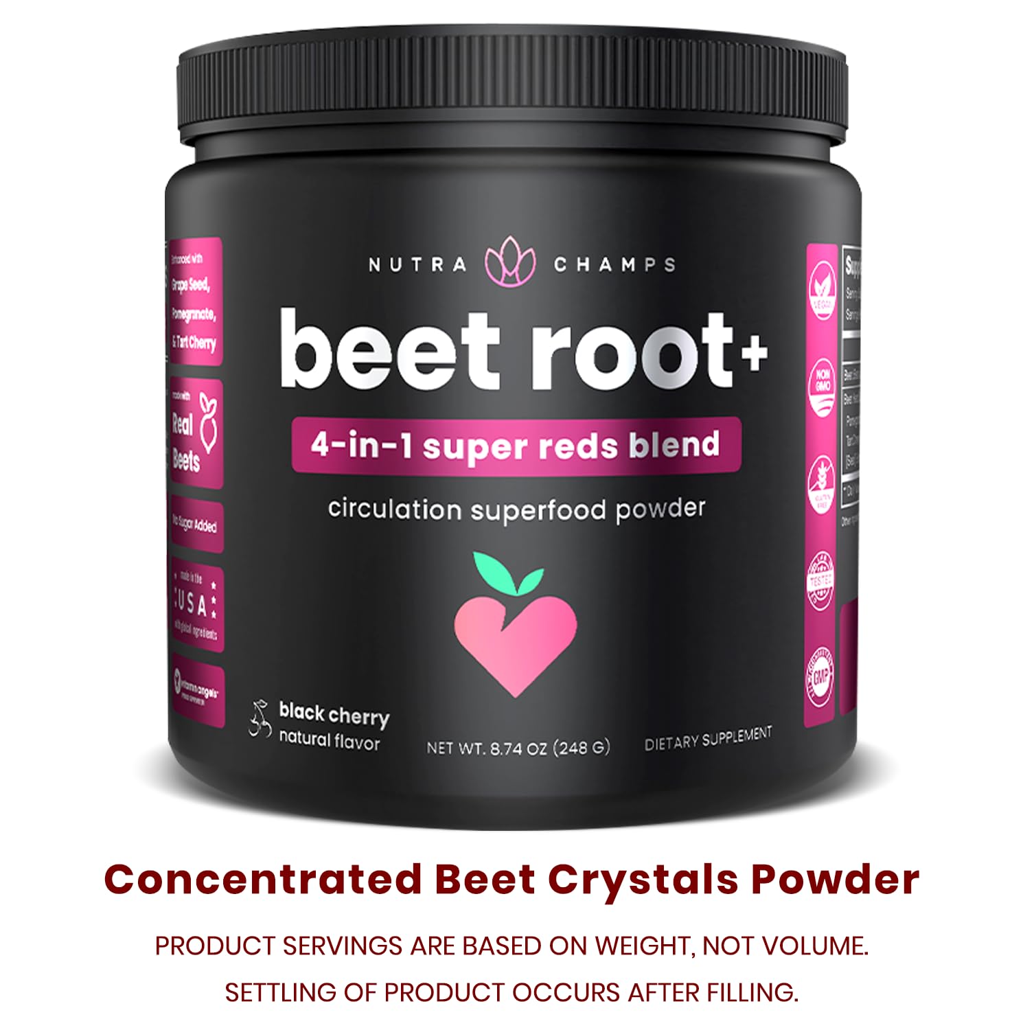 NutraChamps Beet Root Powder Supplement for Circulation - Nitric Oxide Booster with Beetroot Juice, Super Reds Powder & Grape Seed Extract | Sugar-Free Superfood Powder (8.74 Oz) for Energy, Heart Health & Athletic Performance