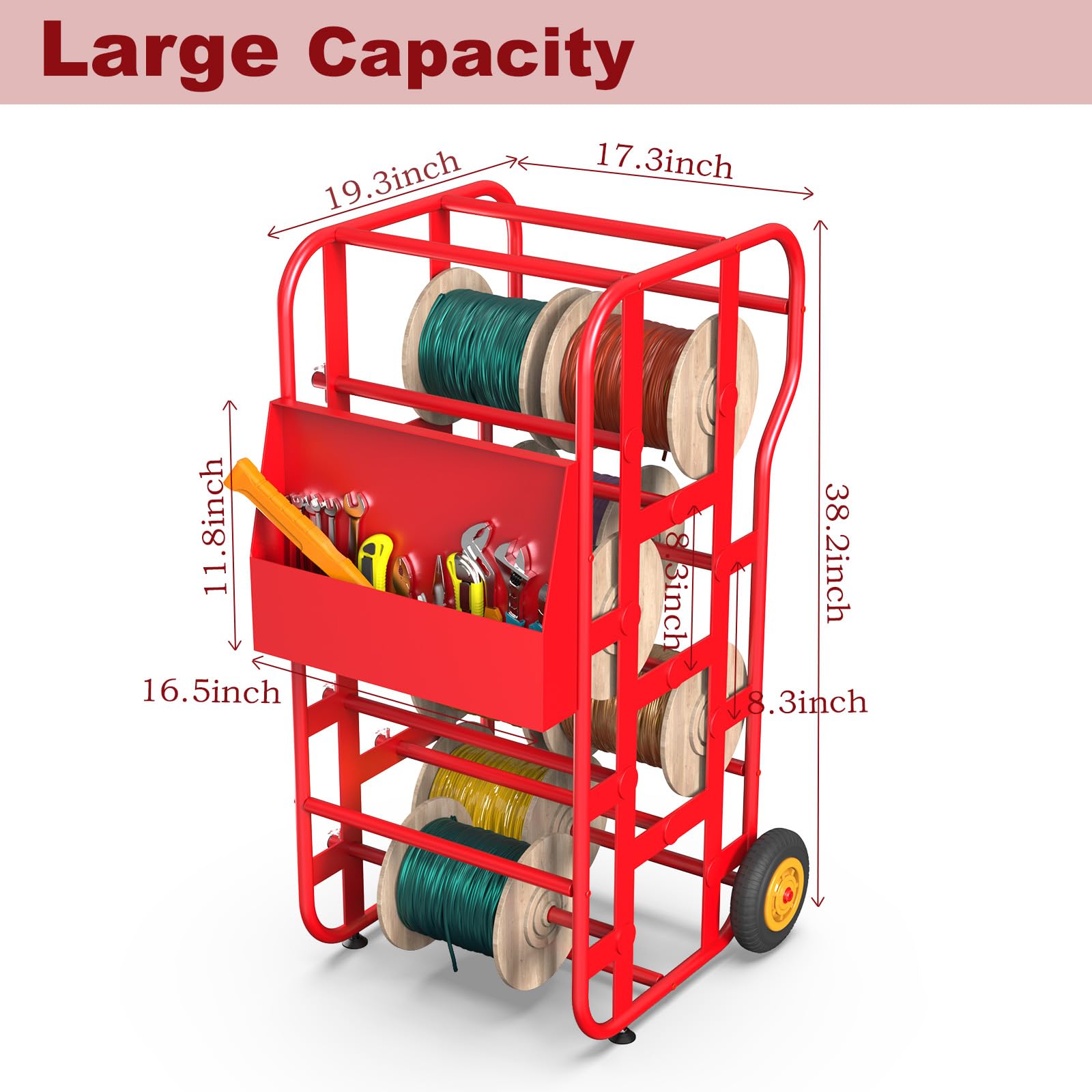 Heavy Duty Wire Spool Holder with Wheels - 6-Spool Electrical Cable Rack Dispenser with Storage Tray | Industrial Wire Organizer for Electricians, DIY Projects & Workshop Storage