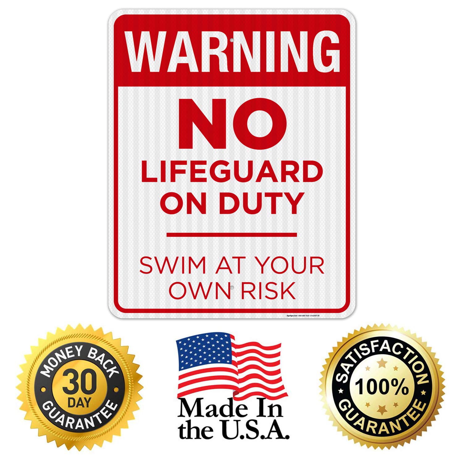 No Lifeguard On Duty Sign - 24x30 Inches, 3M EGP Reflective Aluminum Pool Safety Sign, .080 Thick, Fade Resistant for Indoor & Outdoor Use - Made in USA - Perfect for Swimming Pools, Beaches & Water Parks