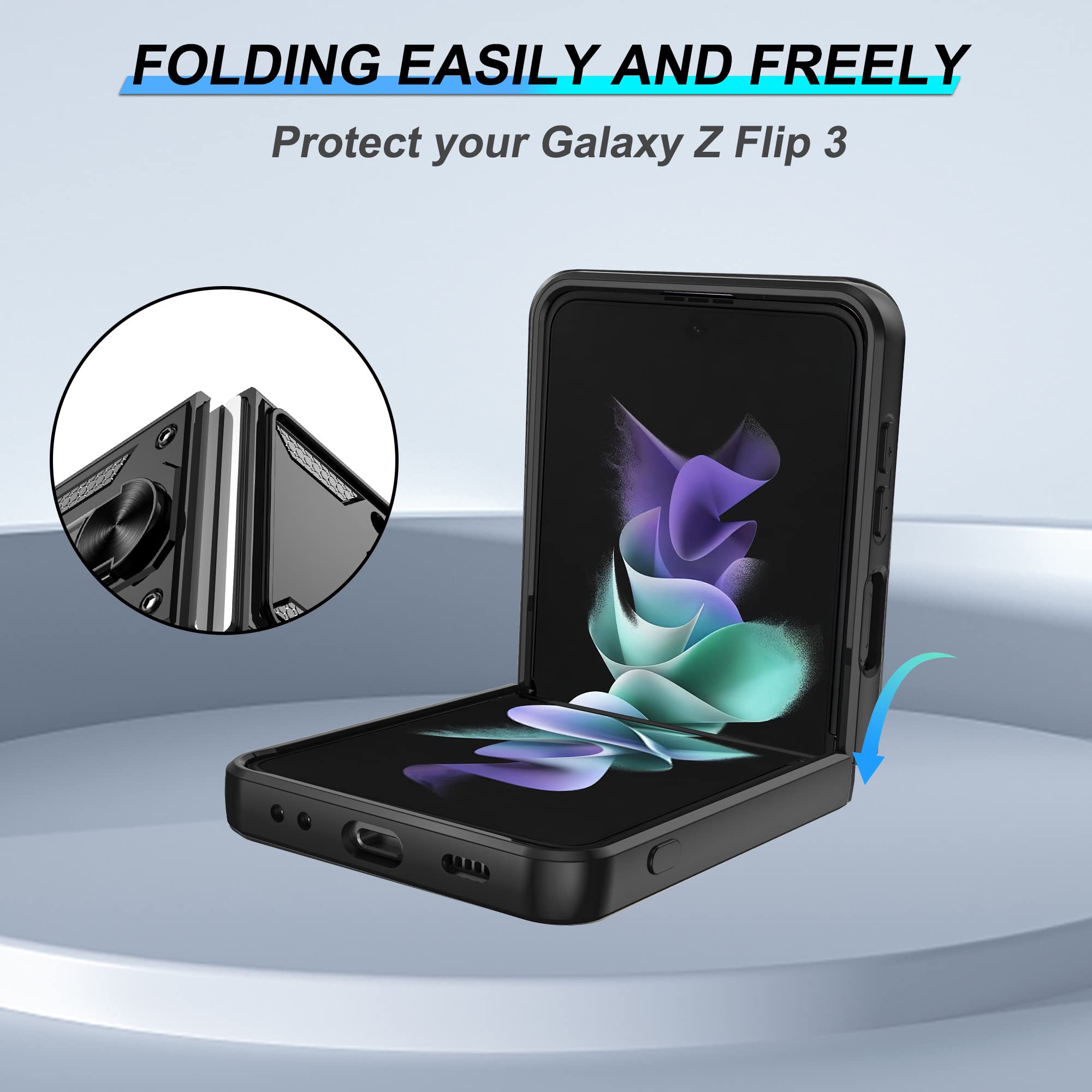 **Military Grade Samsung Galaxy Z Flip 4 Case with Slide Camera Cover & 360° Rotating Ring Kickstand - Shockproof Protective Cover for Everyday Use, Travel, and Work (Black)**