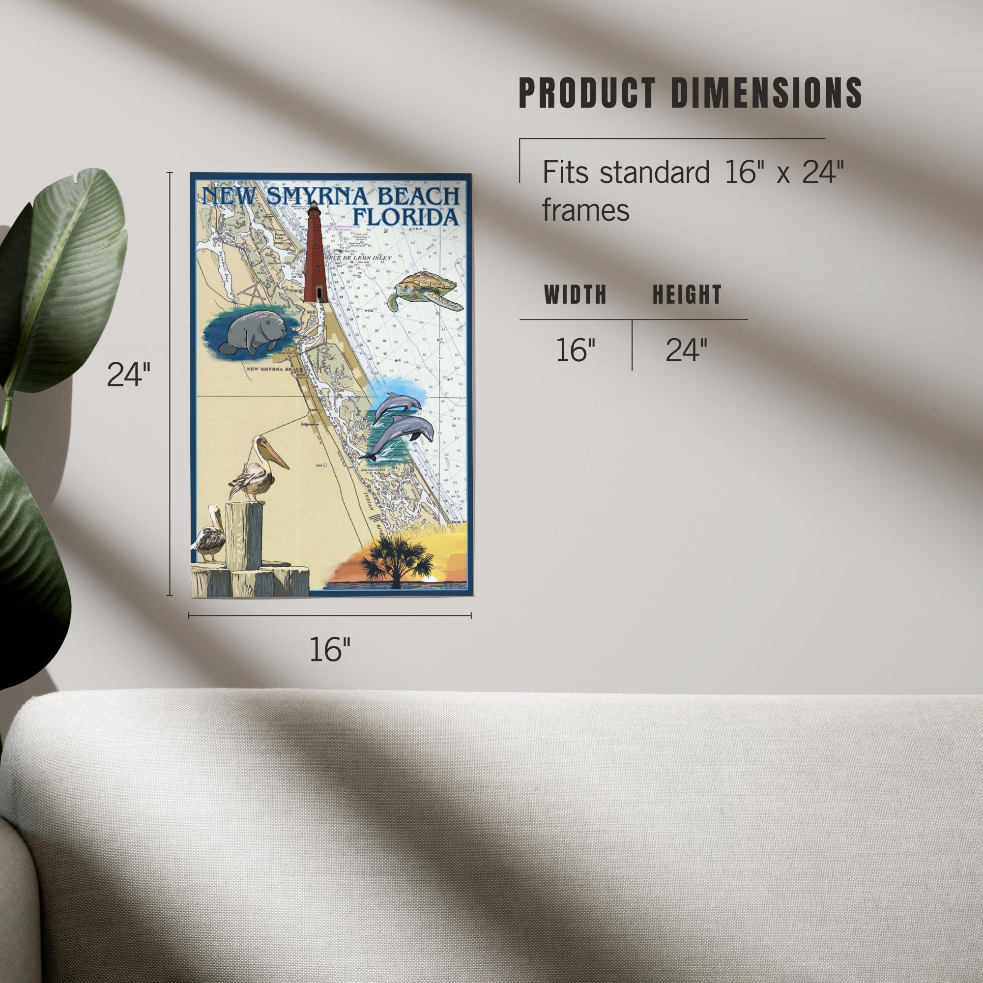Lantern Press 16x24 Inch Giclee Art Print - New Smyrna Beach Florida Nautical Chart Wall Decor | Coastal Home Decor, Beach House Living Room & Office Wall Art
