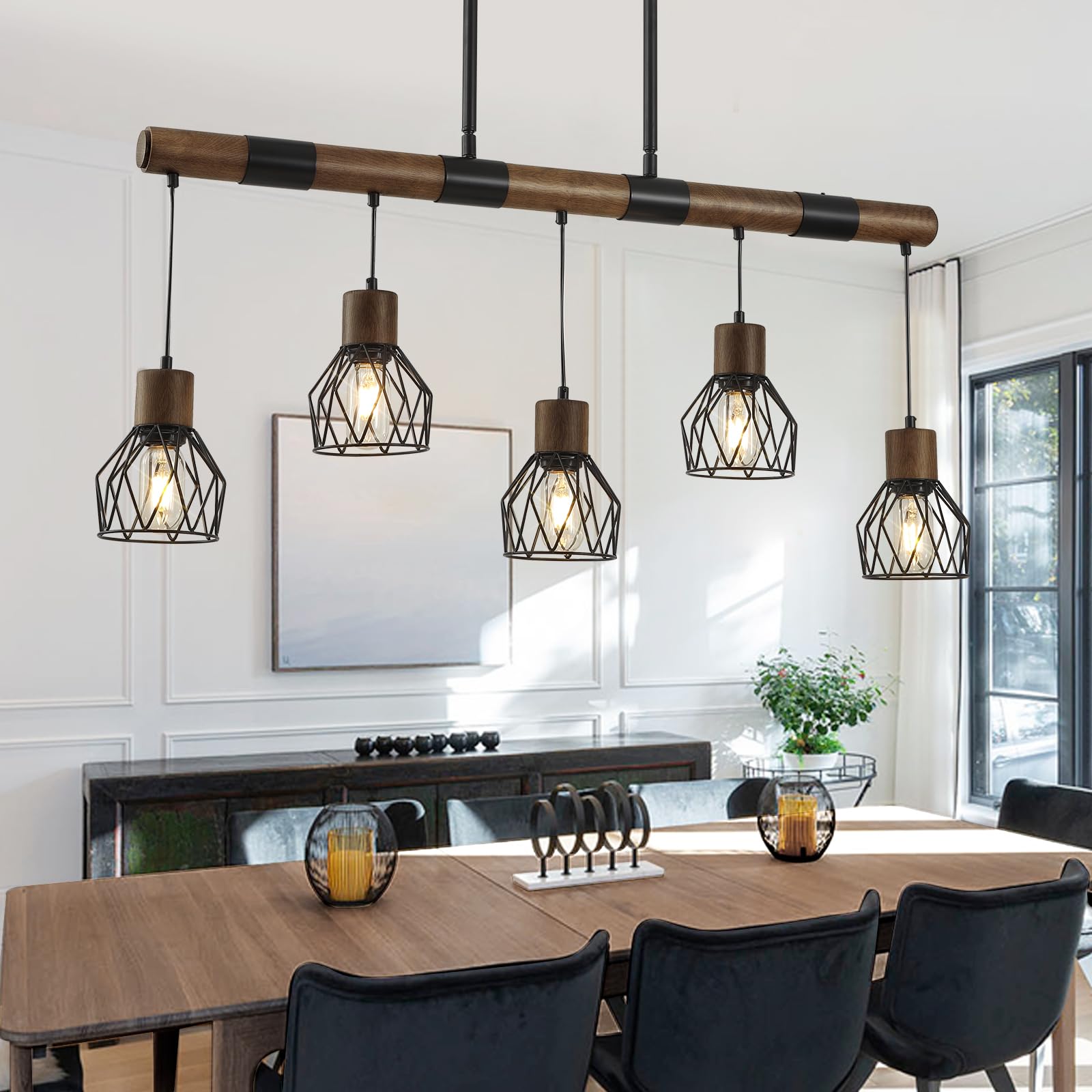 5-Light Kitchen Island Lighting Fixture - Farmhouse Linear Chandelier for Dining Room - Matte Black Rustic Wood Ceiling Pendant with Metal Lampshade - Perfect for Kitchen Islands, Dining Tables, and Farmhouse-Style Decor