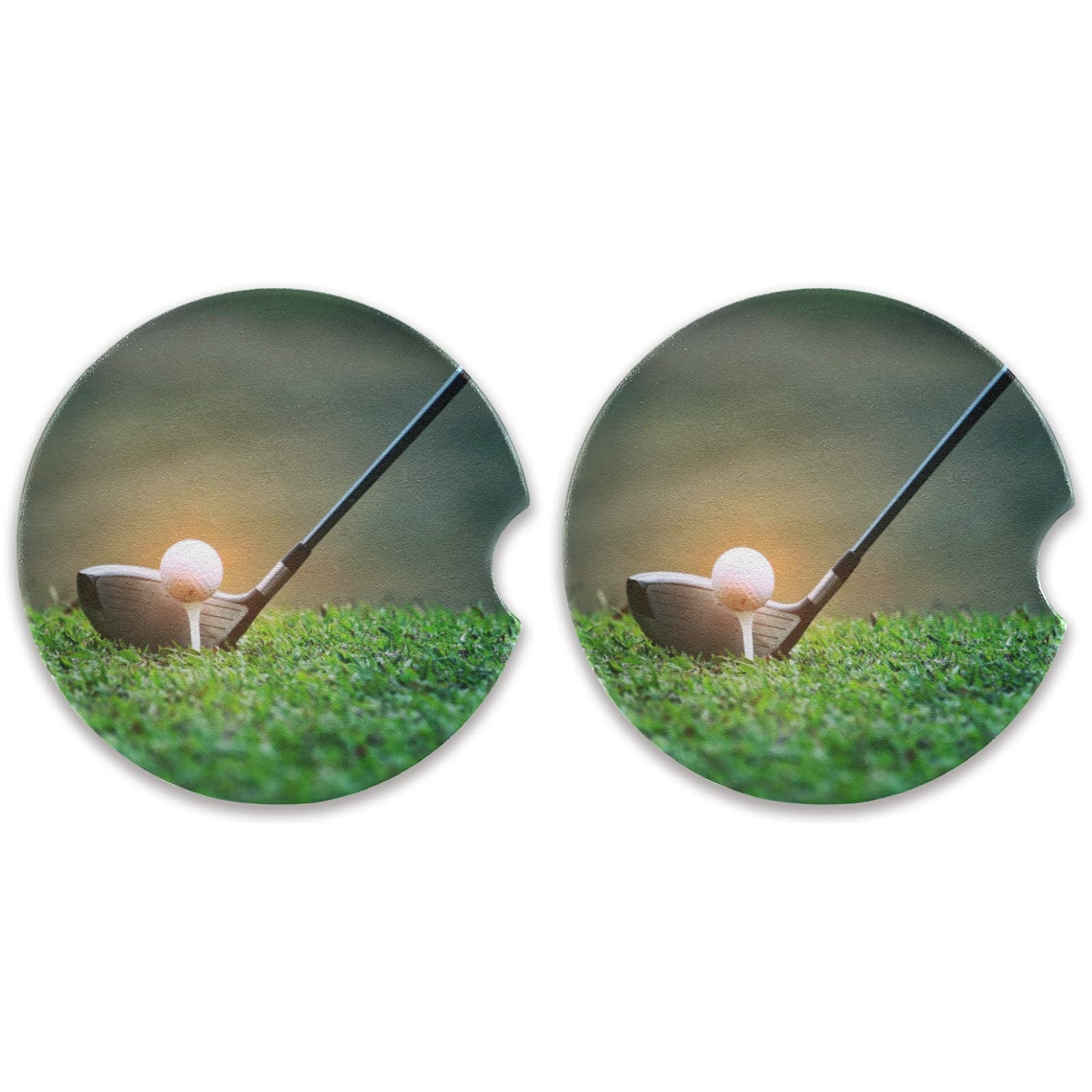 2 Pack Absorbent Ceramic Car Coasters - Golf Ball Art Design Drink Coasters for Cup Holders | Durable & Stylish Car Accessories for Men & Women (2.56in) - Perfect for Road Trips, Commuting & Office Use