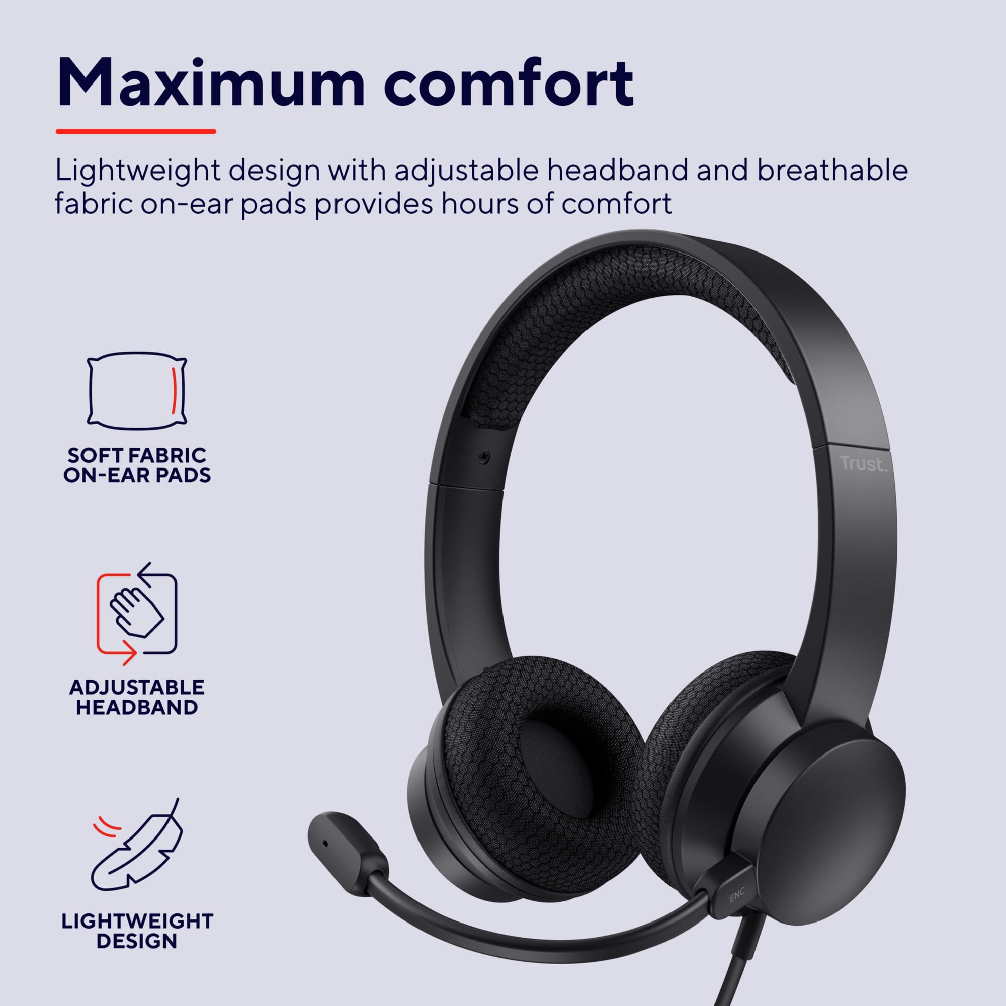 Trust Ayda On-Ear USB PC Headset with ENC Noise Cancelling Microphone - Lightweight Wired USB-C Headphones with 1.8m Cable, 65% Recycled Plastic - Ideal for Computer, Laptop, Mac, Zoom, Teams Calls & Online Gaming (Black)