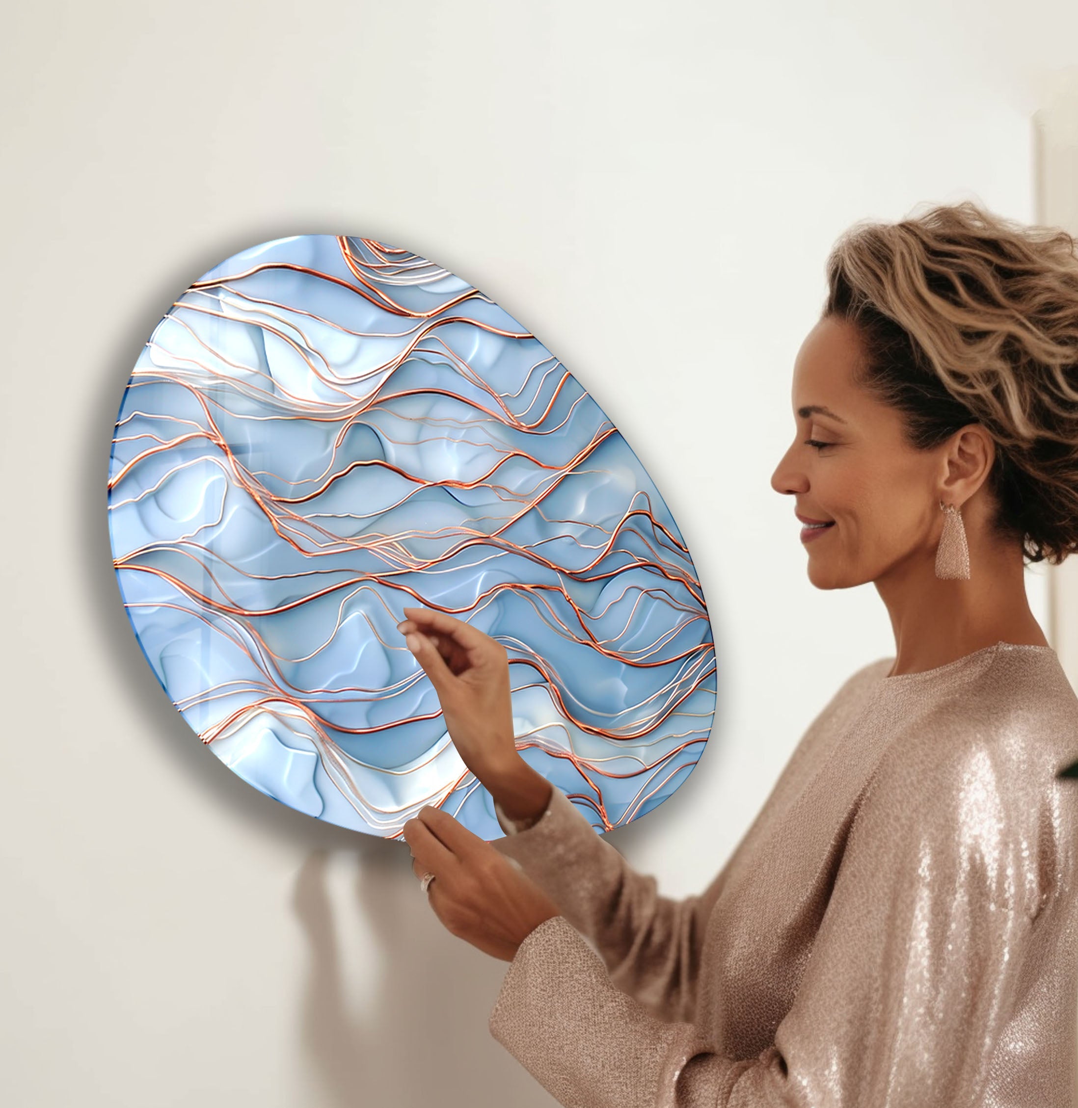 Abstract Blue Waves Oval Glass Wall Art - Modern Ocean Themed Home Decor for Living Room, Bedroom & Office