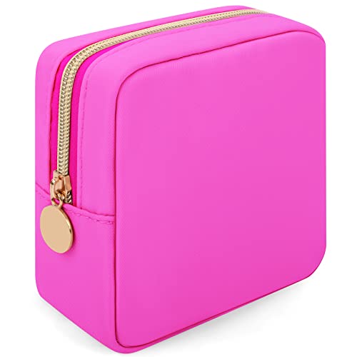 Cute Preppy Makeup Bag for Women & Girls - Waterproof Nylon Cosmetic Organizer with Zipper, Travel Makeup Pouch for Purse, Sanitary Napkin Storage & Coin Pouch (Rose Red, Mini) - Perfect for School, Work & Travel Essentials