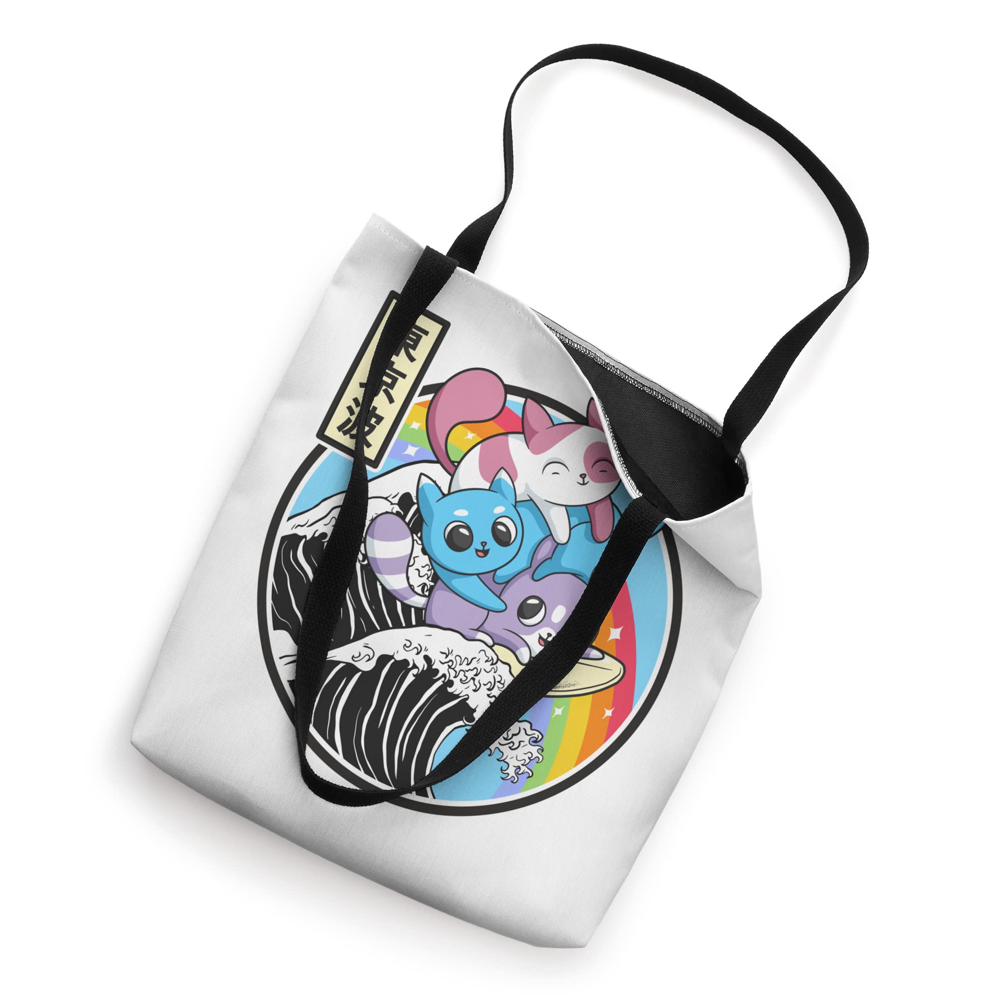 Kawaii Anime Cat Surfing Kanagawa Wave Vaporwave Tote Bag - Stylish Beach Bag for Women, Cute Shopping Tote & Trendy Festival Accessory