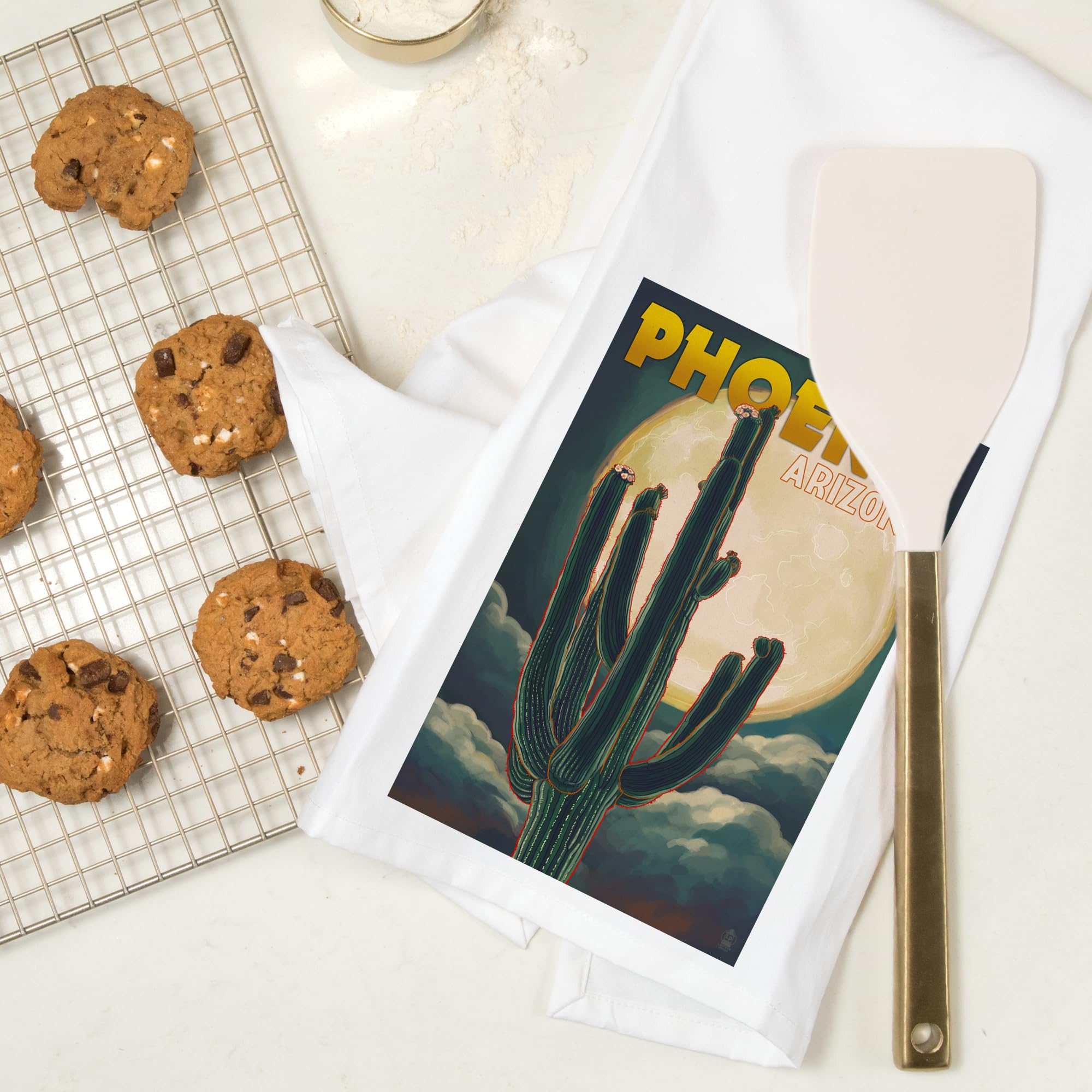 Lantern Press Phoenix Arizona Cactus and Full Moon Cotton Tea Towel - Decorative Hand Towel for Kitchen, Home Decor, Housewarming Gift - Perfect for Drying Dishes, Decorating, and Gifting