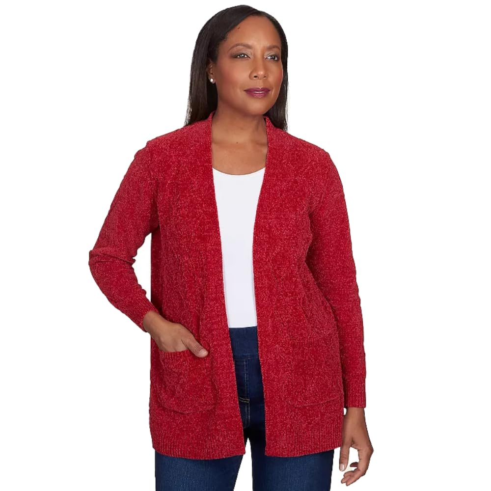 Alfred Dunner Women's Classic Chenille Long Open Front Cardigan Sweater - Cozy Lounge Wear for Home, Office & Casual Outings