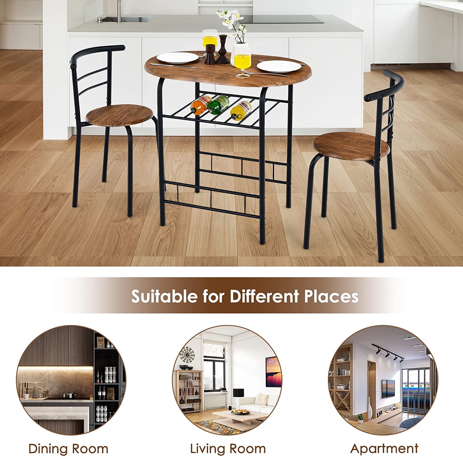 FANTASK 3-Piece Dining Table Set with 2 Chairs - Compact Kitchen Table with Metal Frame & Storage Shelf - Space-Saving Breakfast Nook Set for Apartments, Small Kitchens, Cafes (Black & Brown) - Perfect for Morning Coffee, Casual Meals & Small Space Dining