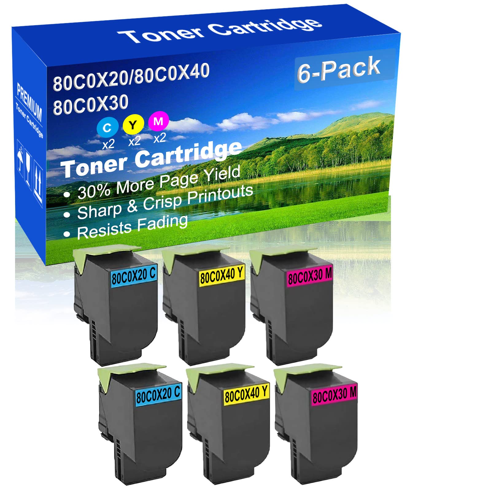 6-Pack (2C+2Y+2M) High Yield 80C0X20/80C0X40/80C0X30 Compatible Laser Toner Cartridges for Konica Minolta CX510de/CX510dhe/CX510dthe Printers - Perfect for Office & High-Volume Printing