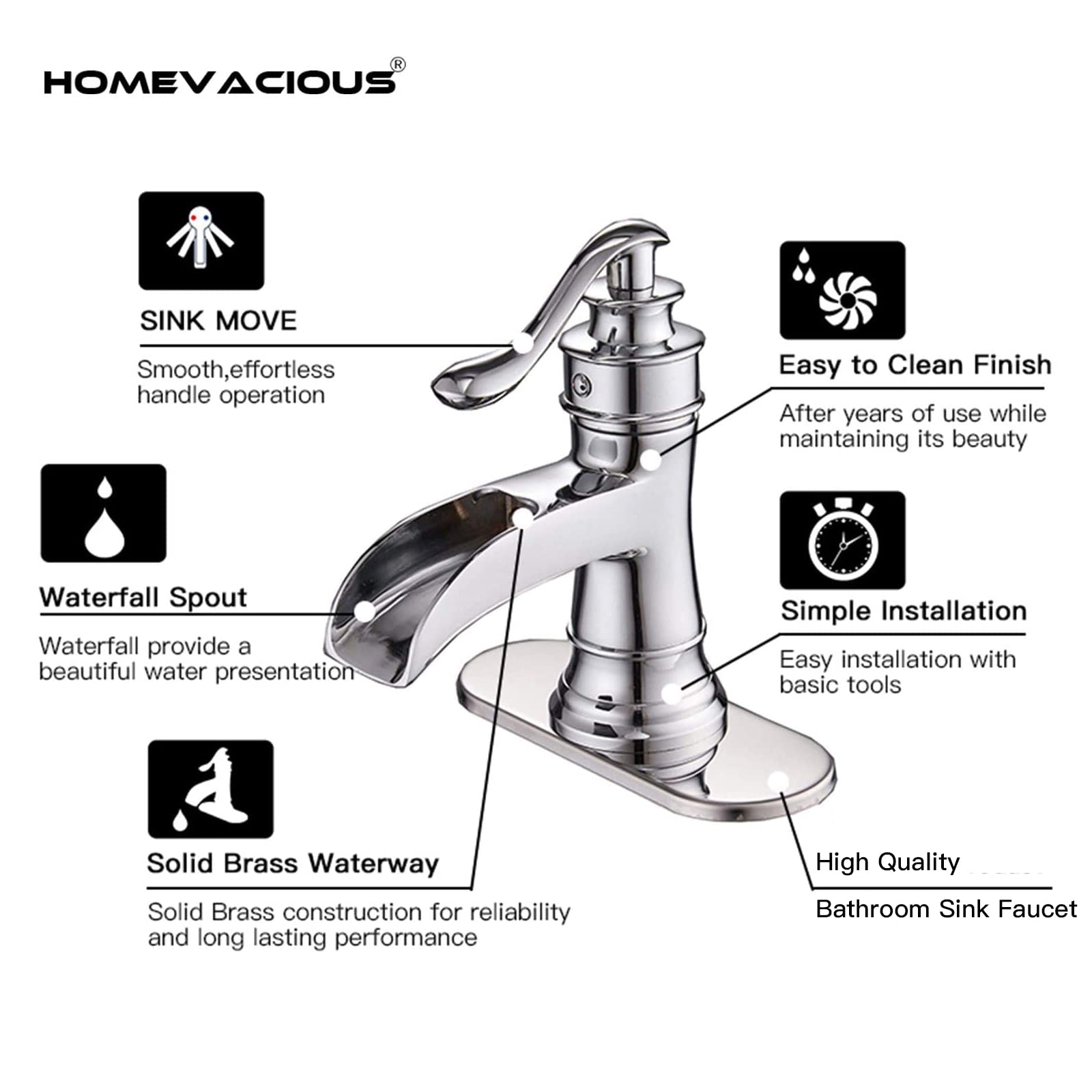 Homevacious Single Hole Waterfall Bathroom Faucet - Chrome Vanity Sink Faucet with Lever Handle, Deck Mount Basin Mixer Tap for Bathroom & Lavatory - Perfect for Modern Homes, Hotels, and Commercial Spaces