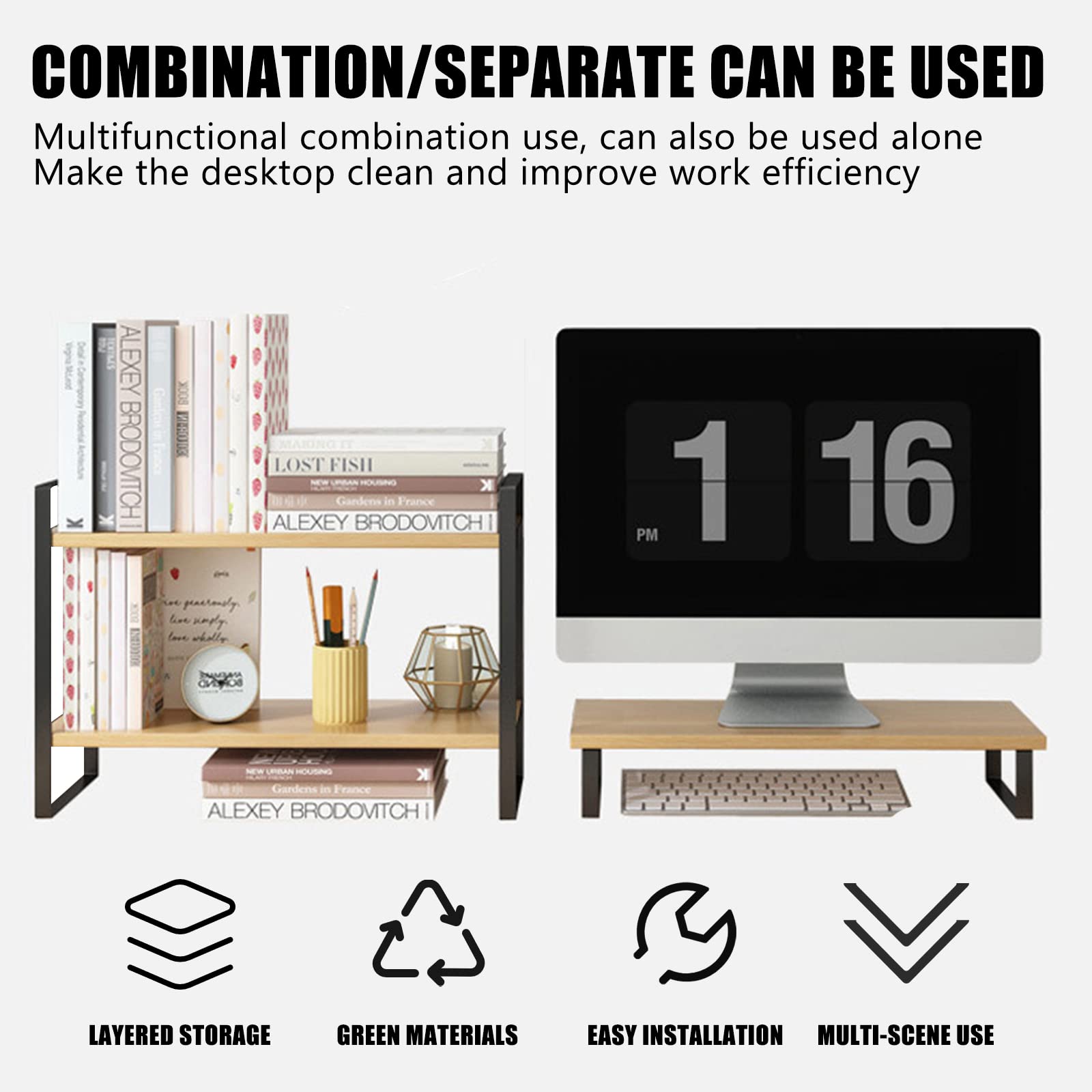 Wooden Office Desk Shelf Organizer - 2-Tier Desktop Storage Rack for Supplies, Books & Decor | Aesthetic Workspace Organizer for Women, Men & Kids | Perfect for Home Office, Study Desk & Cubicle (Black)