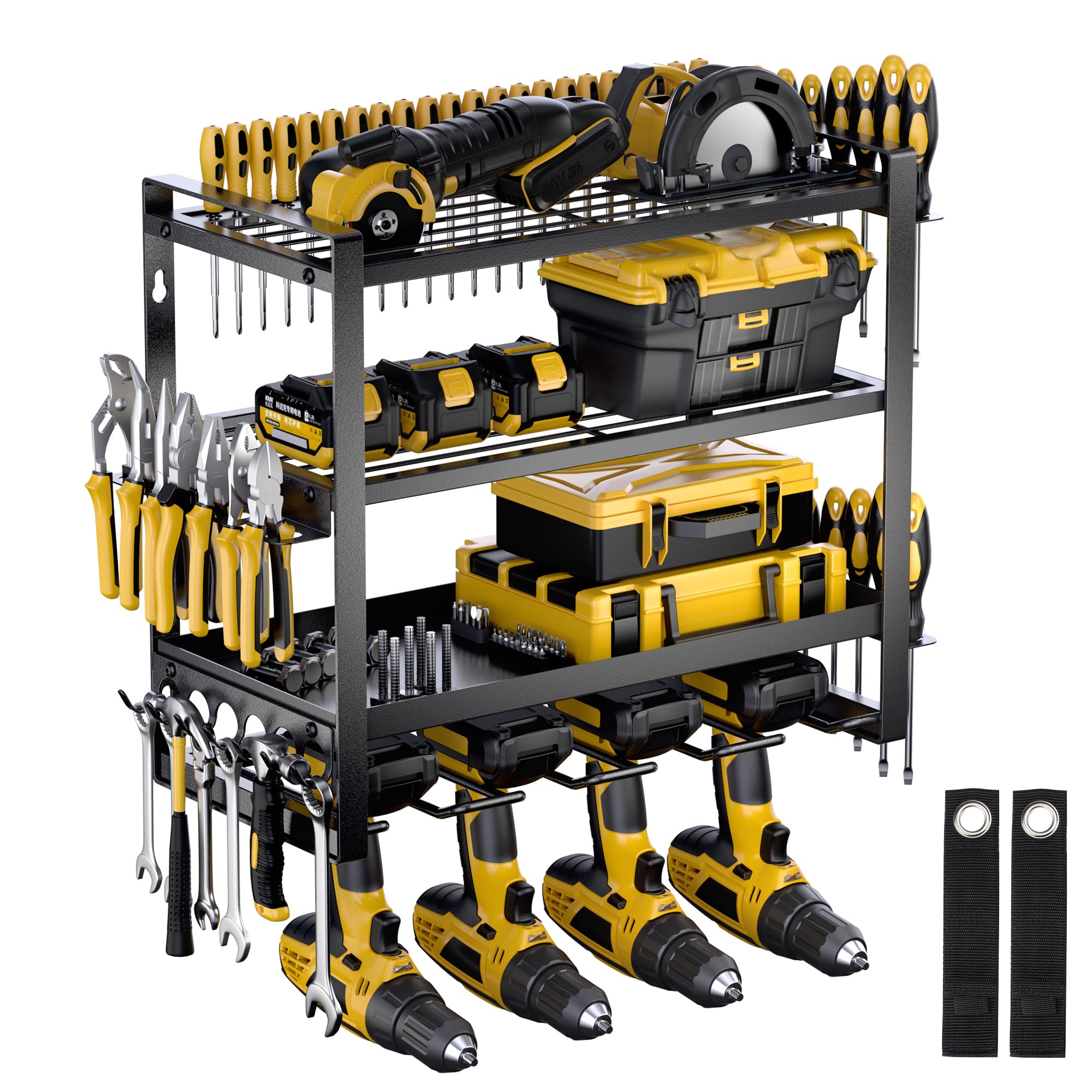 Heavy Duty Metal Wall Mount Power Tool Organizer - 4 Layer Drill Holder & Garage Storage Rack for Cordless Drills & Charging Station (Black) | Perfect for Workshop, Garage & DIY Tool Organization