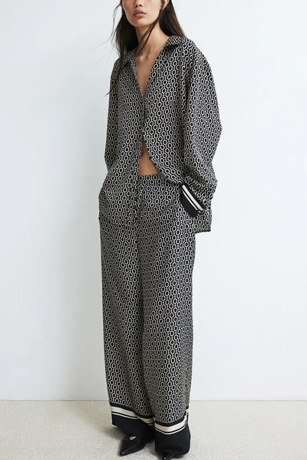 Stylish Printed Lapel Long Sleeve Blouse with Elastic Waist Casual Pants Set - Women's Loose Fit Wide Leg Trousers & Pocket Details for Office, Travel and Everyday Wear