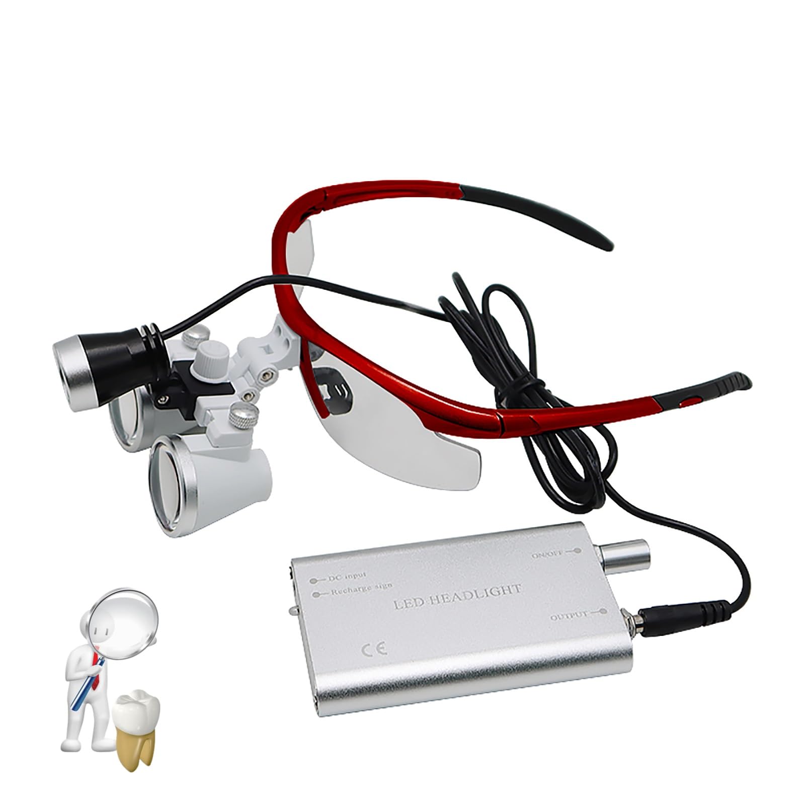 Dental Loupes with LED Light - 2.5X Magnification Surgical Glasses for Dentists | Red Headband Loupe for Dental Surgery, Teeth Examination & Medical Procedures | Portable Dental Assistant Equipment