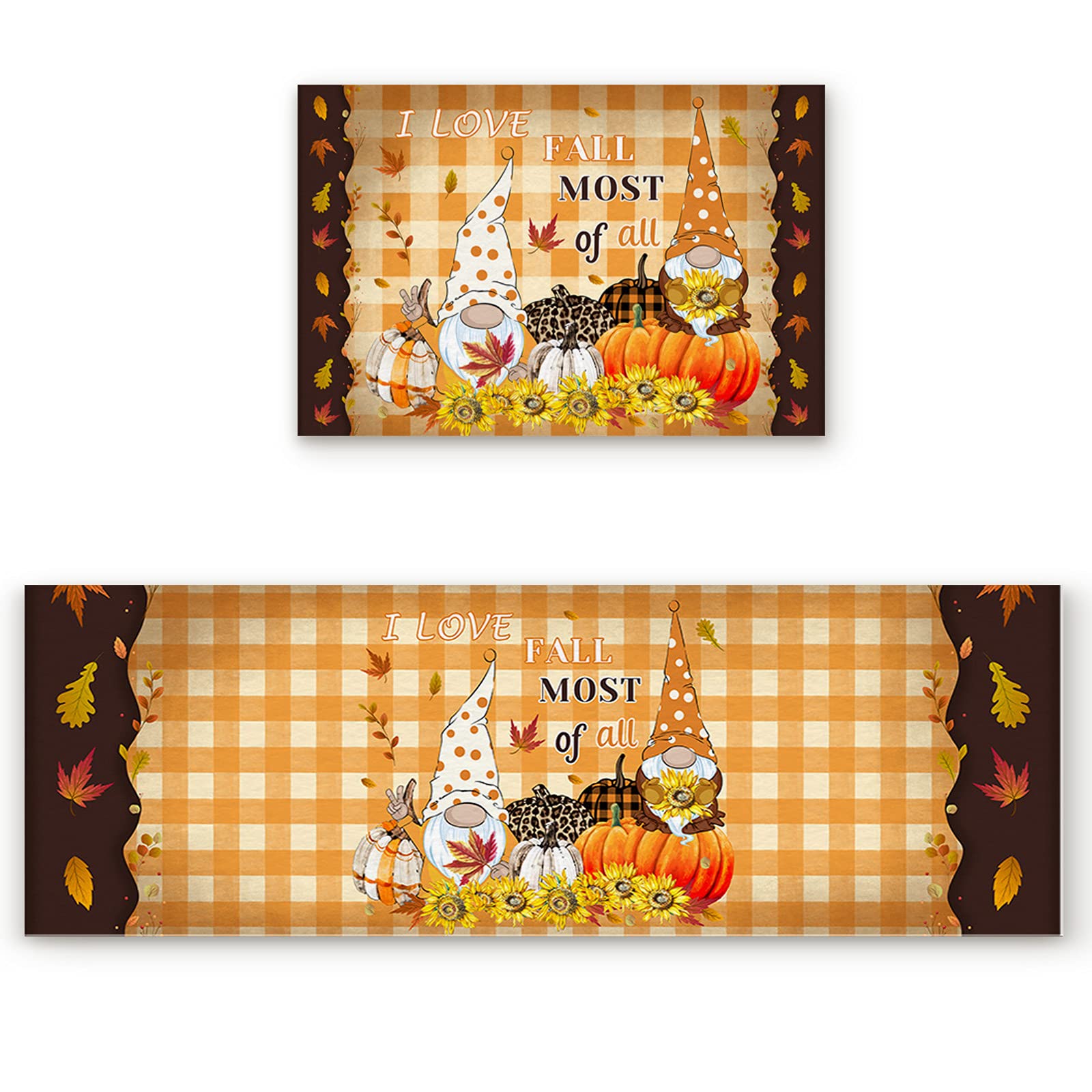 Victories Non-Slip 2-Piece Kitchen Rug Pad Set - Cushioned Doormat with Fall Pumpkin Gnomes, Sunflower & Maple Leaves Design - Perfect for Kitchen, Living Room, Bedroom & Entryway Floor Protection