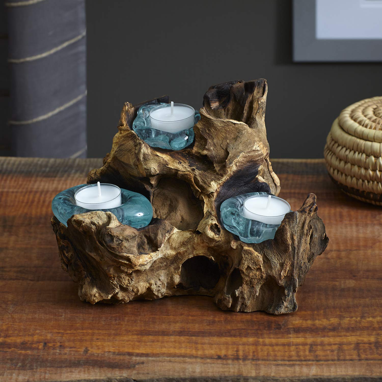 Cohasset Triple Molten Candle Holder - Natural Wood & Recycled Glass Home Decor for Living Room, Dining Table, or Wedding Centerpiece