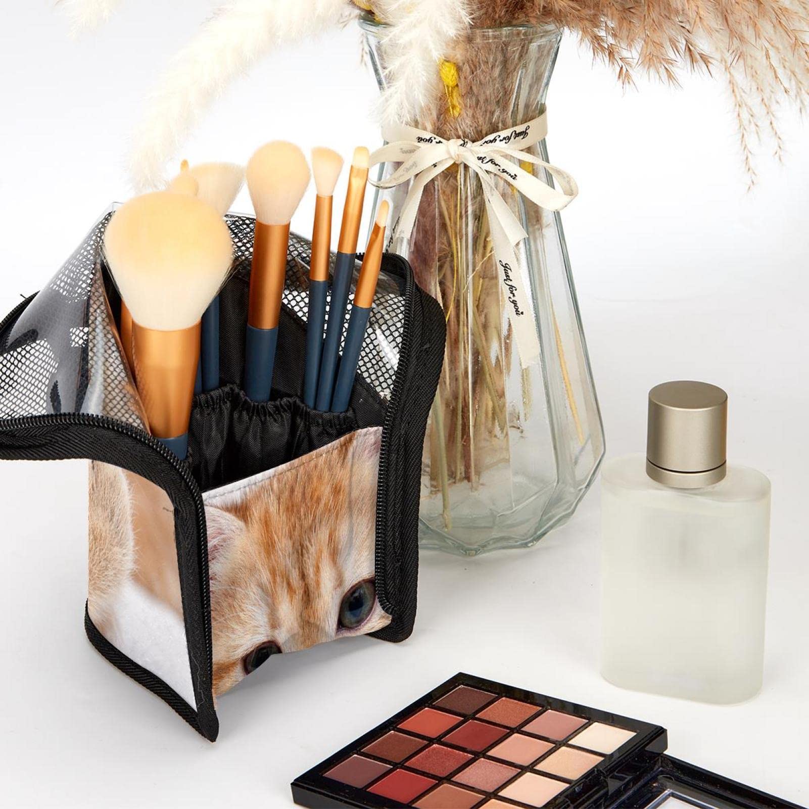 Portable Makeup Brush Organizer Bag with 12 Slots - Cute Kitty Design Travel Cosmetic Brush Holder Case - Perfect for Home, Travel & Professional Makeup Artists