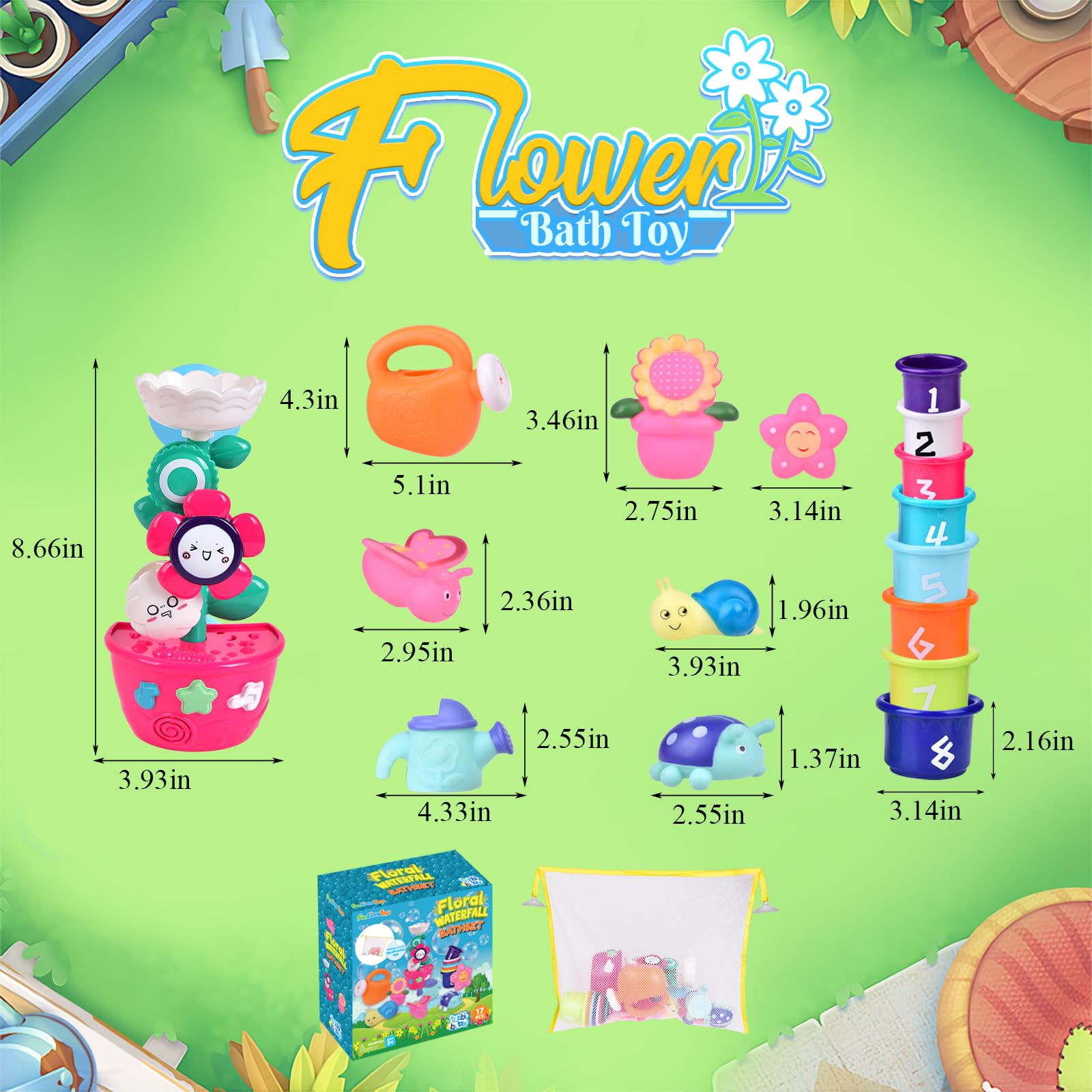 16Pcs Toddler Bath Toys Set - Flower Waterfall Water Station, Stacking Cups, Watering Can & Shower Toys for Kids Ages 1-5 | Fun Bath Time Learning Toys for Boys & Girls | Perfect for Sensory Play & Early Childhood Development