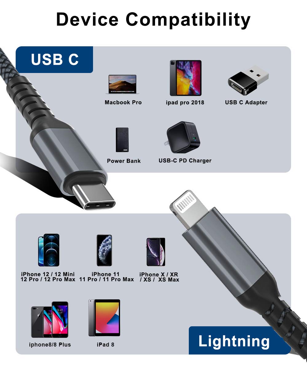 Basesailor 10FT USB C to Lightning Cable with USB A Adapter - Fast Charging Power Cord for iPhone 14 13 12 11 Pro Max XS XR 8 7 6 Plus 5 SE & iPad 9th/8th Gen - Perfect for Car Charging, Home & Office Use