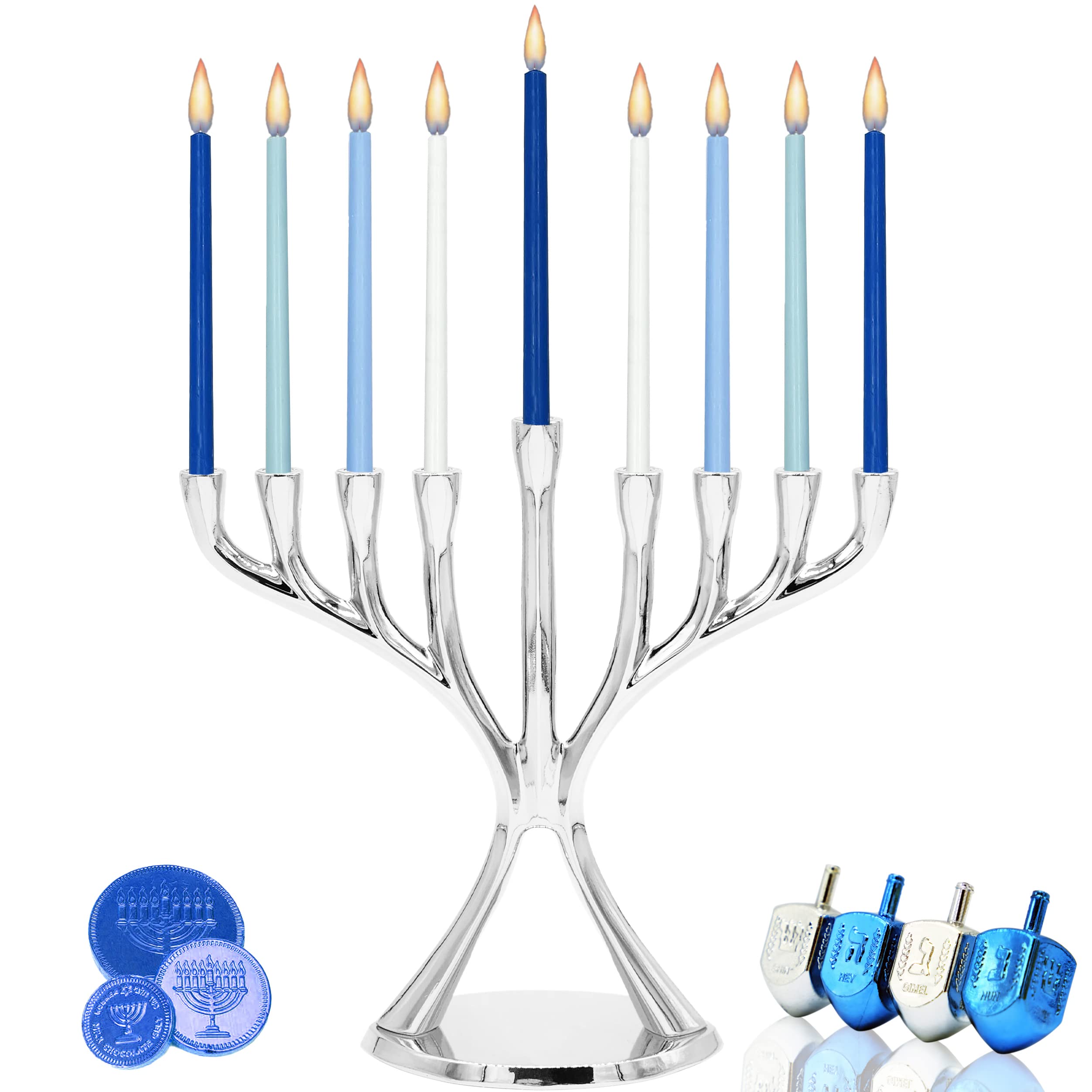 Contemporary Hanukkah Menorah - Polished Silver Non-Tarnishing Dreidel Menorah for Hanukkah Candles | Perfect for Jewish Holiday Decor & Home Celebration