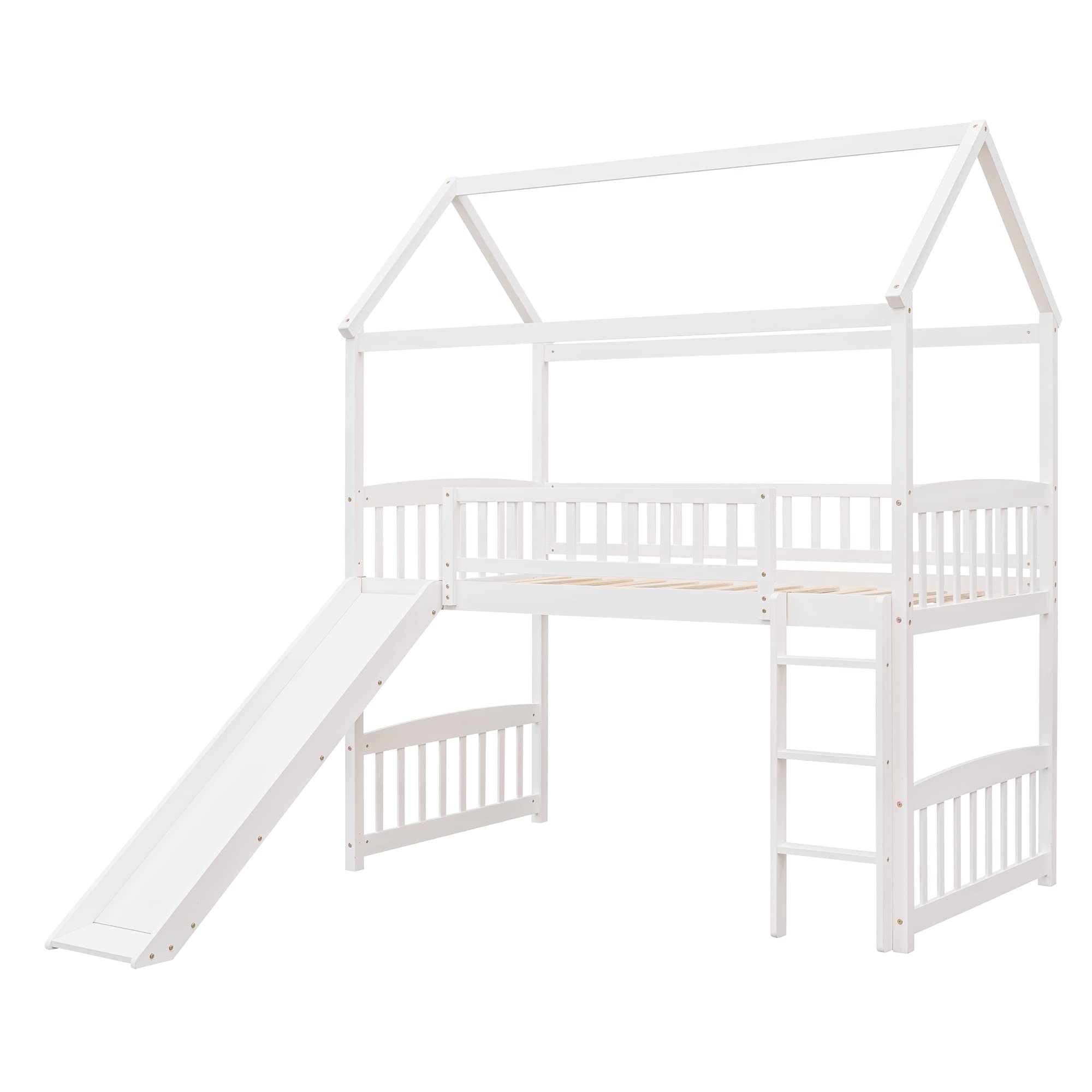 LZ LEISURE ZONE Twin Loft Bed with Slide - Sturdy Wood Loft Bed Frame for Kids, Teens & Adults - Twin Size House Style Bedroom Furniture - No Box Spring Needed - White - Perfect for Small Spaces, Kids' Rooms & Dorm Decor