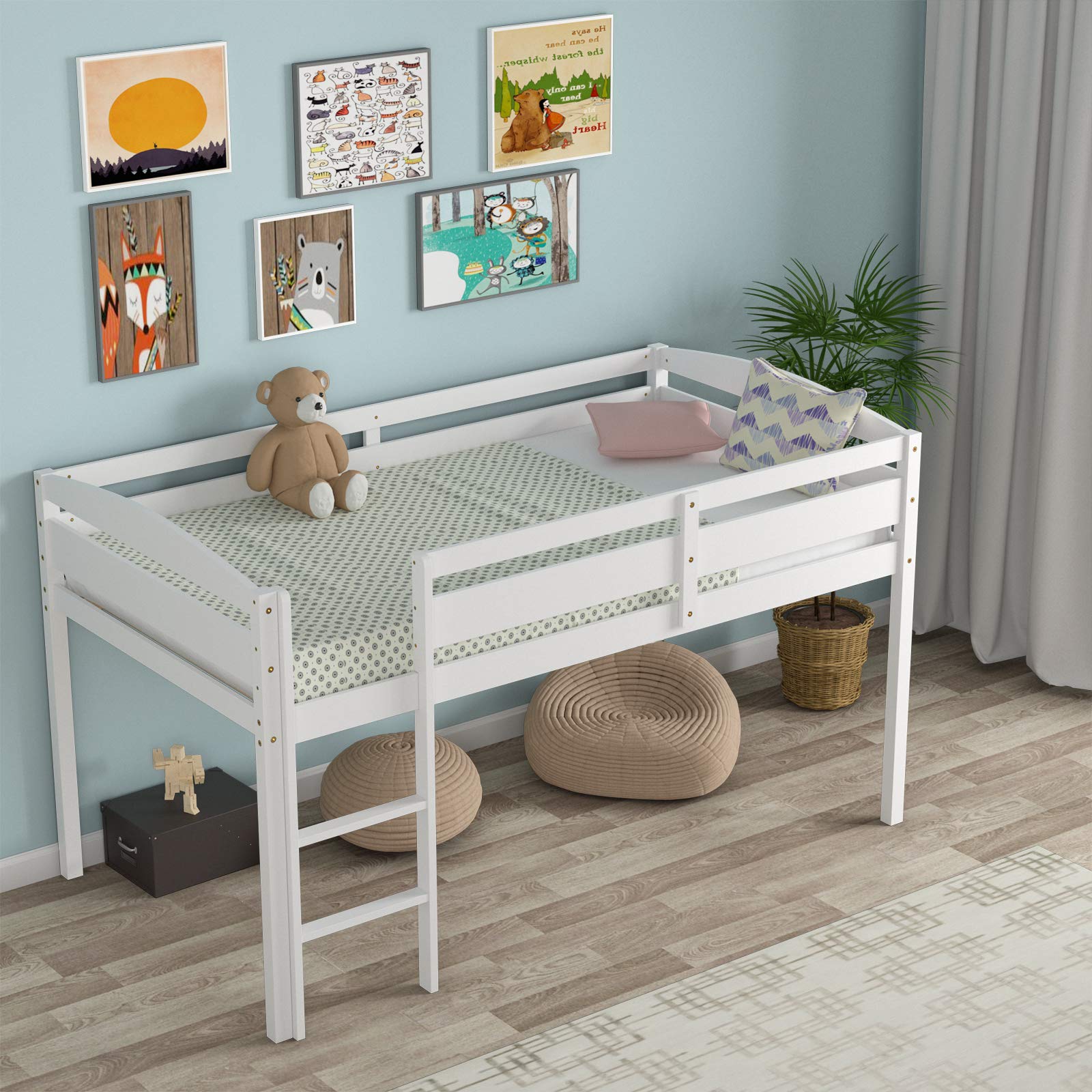 Costzon Twin Loft Bed with Guard Rail & Ladder - Solid Wood Low Loft Bed for Kids, No Box Spring Needed - Classic White Children's Bed with Storage - Perfect for Small Bedrooms, Dorm Rooms & Kids' Sleepovers