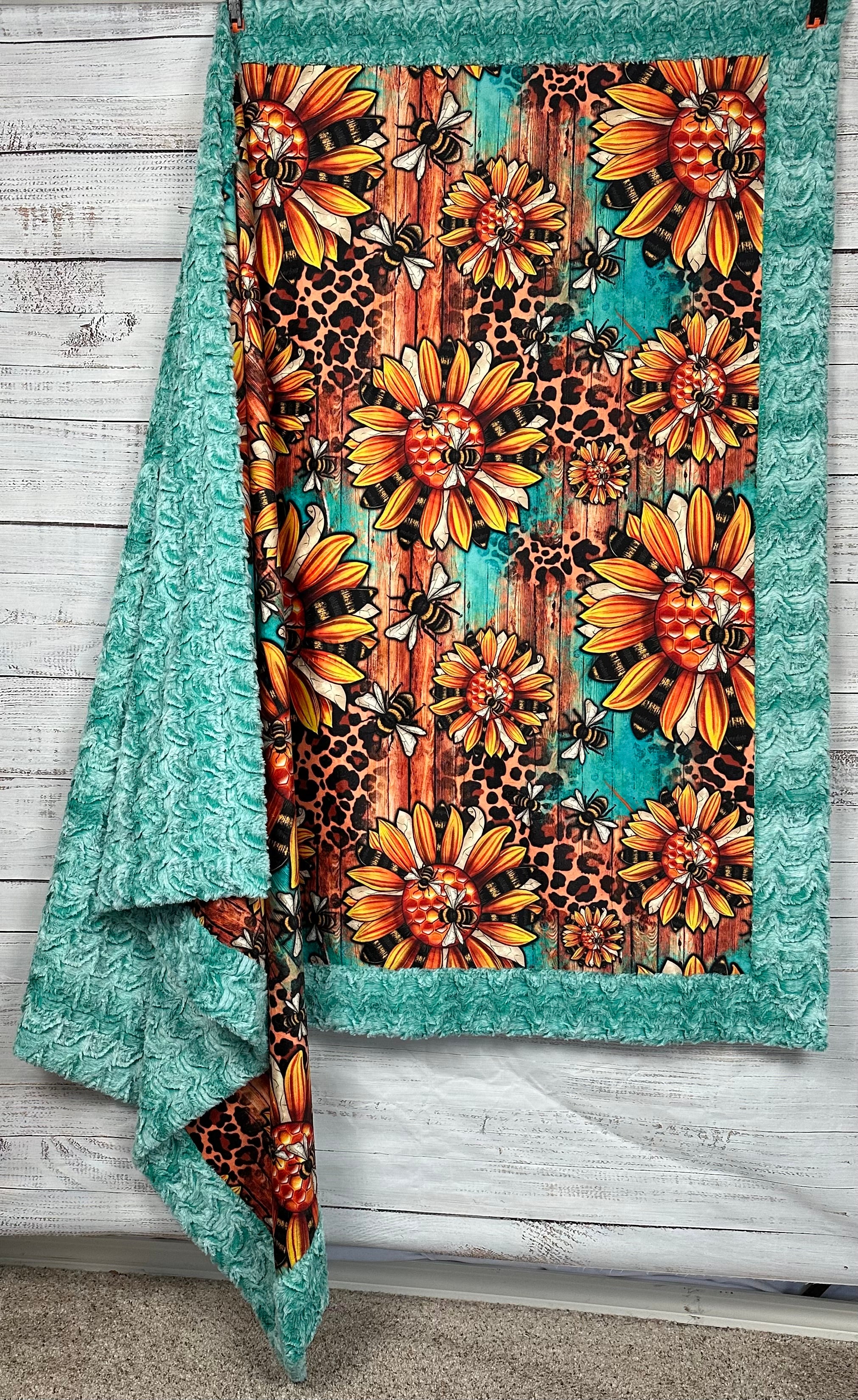 Premium Western Sunflower Bumble Bees Design on Seafoam Green Luxe Large Minky Blanket 55x79 Inches - Soft Cozy Throw for Bedroom, Couch & Outdoor Picnics