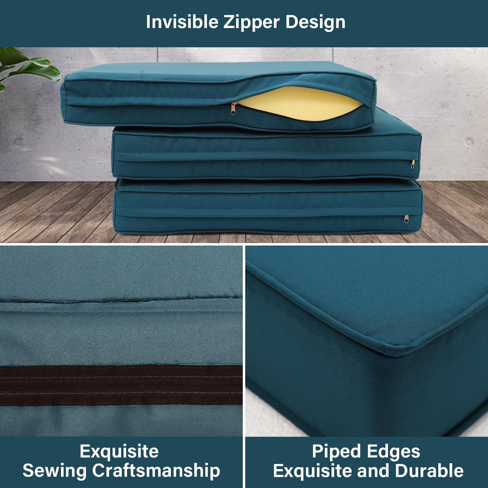 Waterproof Outdoor Cushion Covers for Patio Furniture Set - Non-Slip Square Sofa Cushion Slipcovers Replacement (Peacock Blue) - Perfect for Sectional Sofas, Deck Chairs & Poolside Lounging