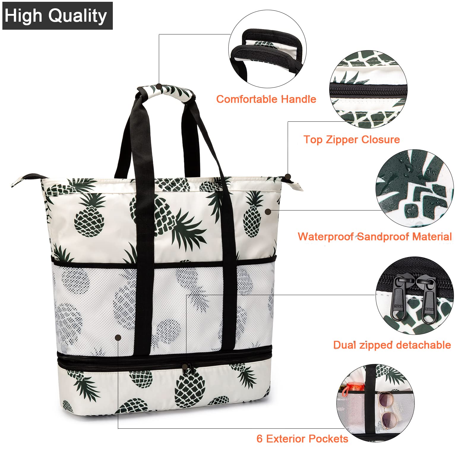 Octsky Large Waterproof Beach Tote Bag with Cooler & 9 Pockets - Sandproof Zippered Pool Bag for Women | Perfect for Beach Trips, Pool Parties & Summer Vacations
