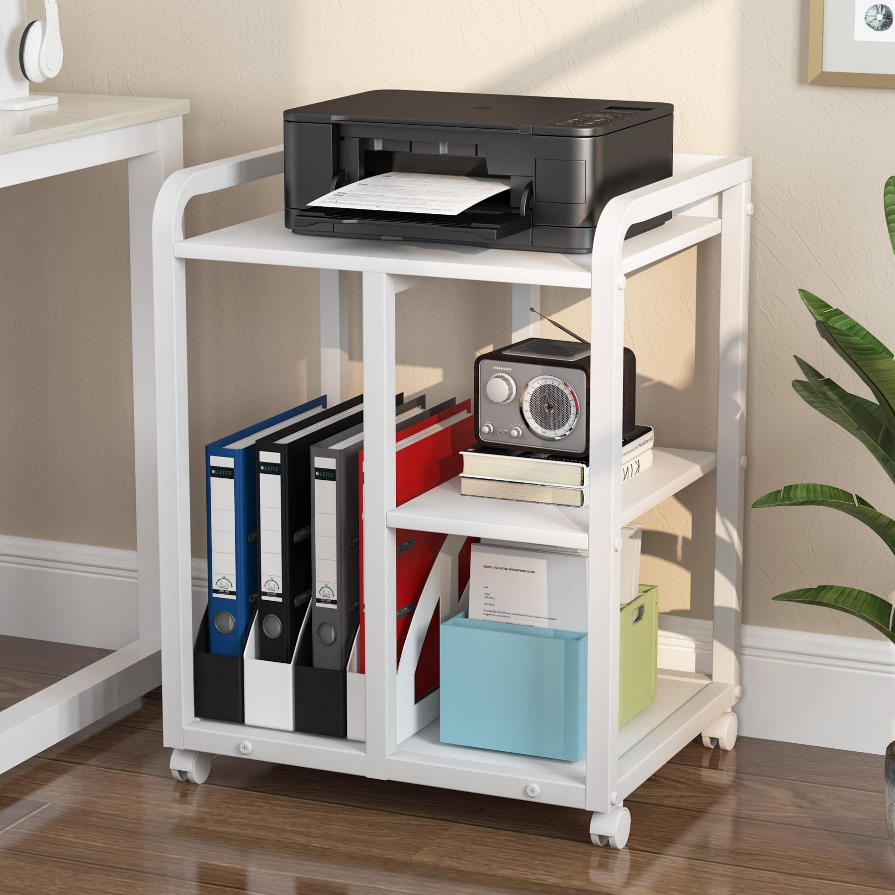 Tribesigns 3-Tier Rolling Printer Stand with Storage Shelves - Mobile Wooden Printer Cart on Wheels for Home Office - Perfect for Under Desk Organization & Workspace Storage (White)