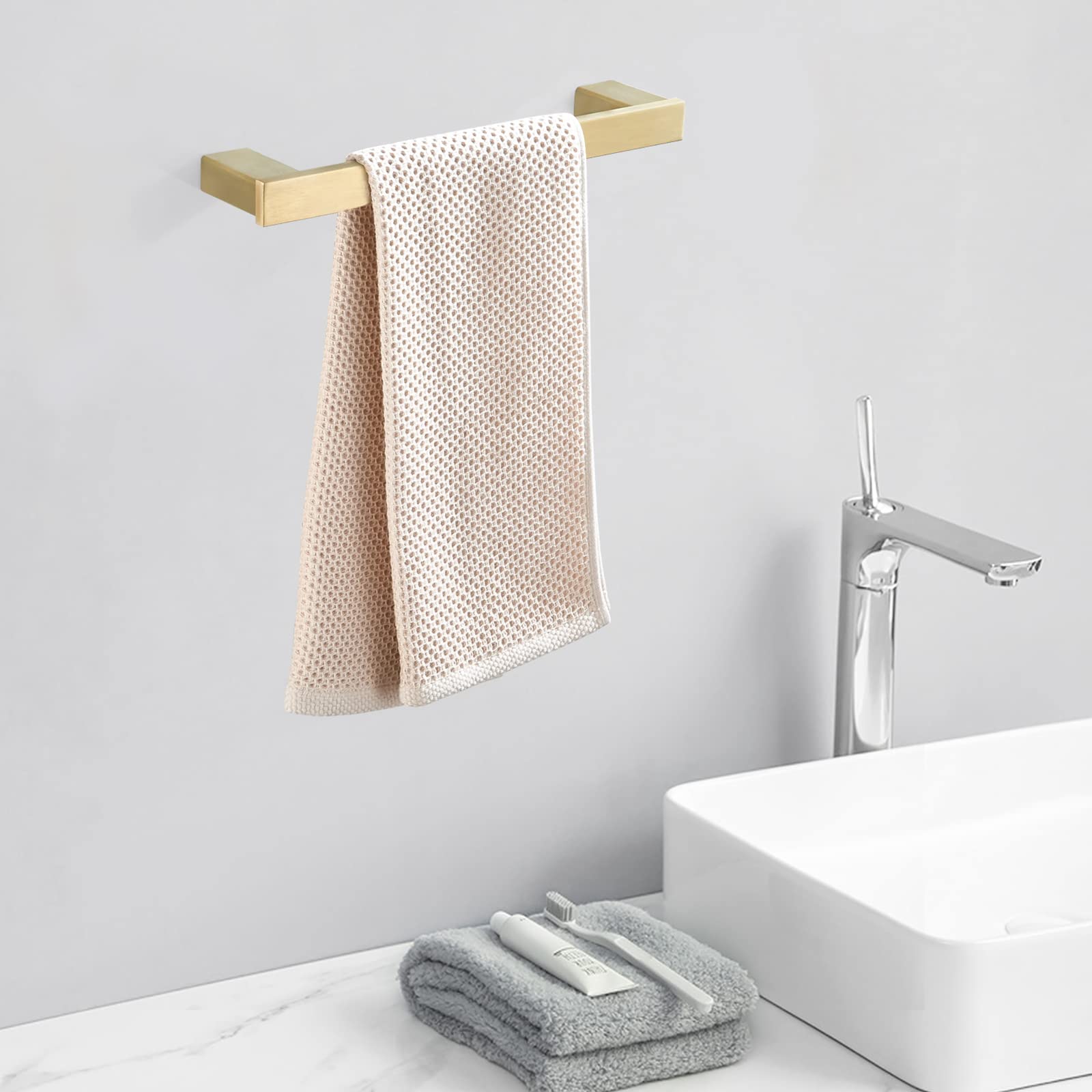 12 Inch Brushed Gold Towel Bar - Square Wall Mounted Stainless Steel Bathroom Towel Rack Holder for Bathroom, Kitchen, and Spa Decor - BATHSIR
